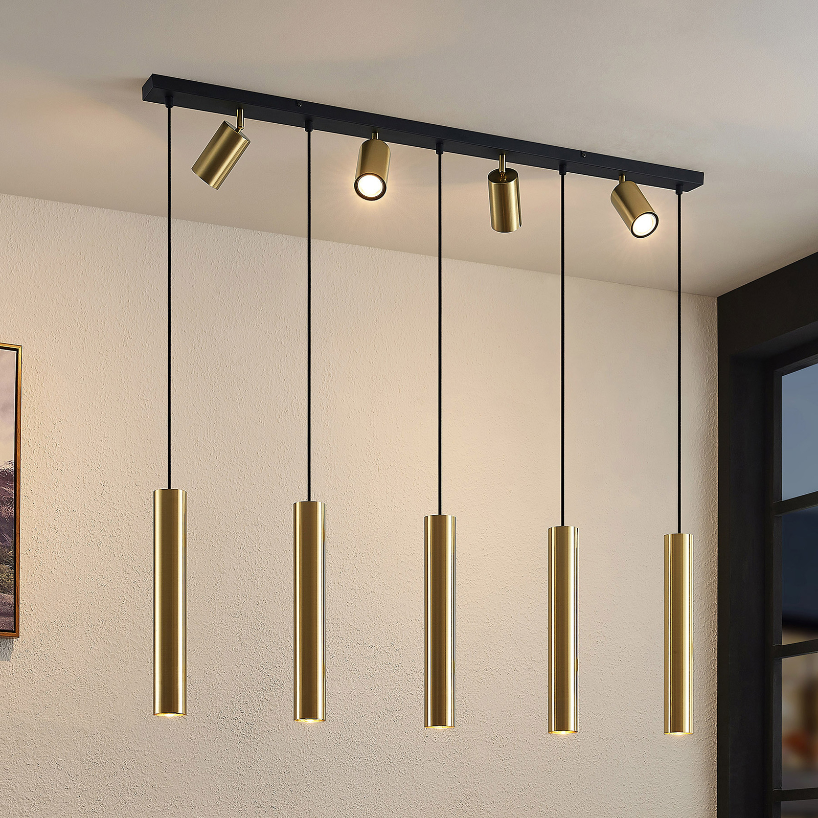 Lindby Sanad hanging light brass 9-bulb long