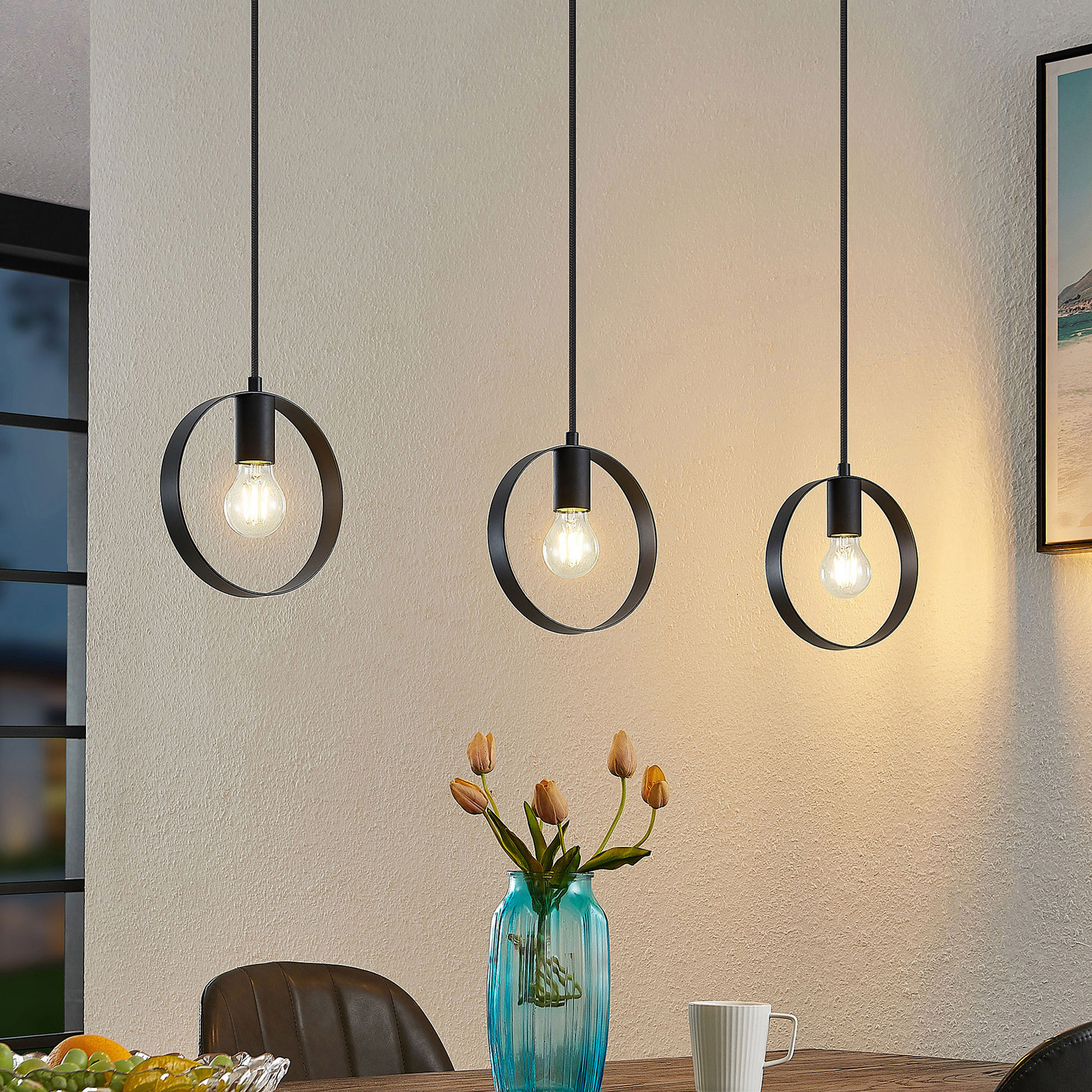 Lindby Shaima lampă suspendată negru 3 inele - Camera de zi / sufragerie - Modern - negru mat - Metal