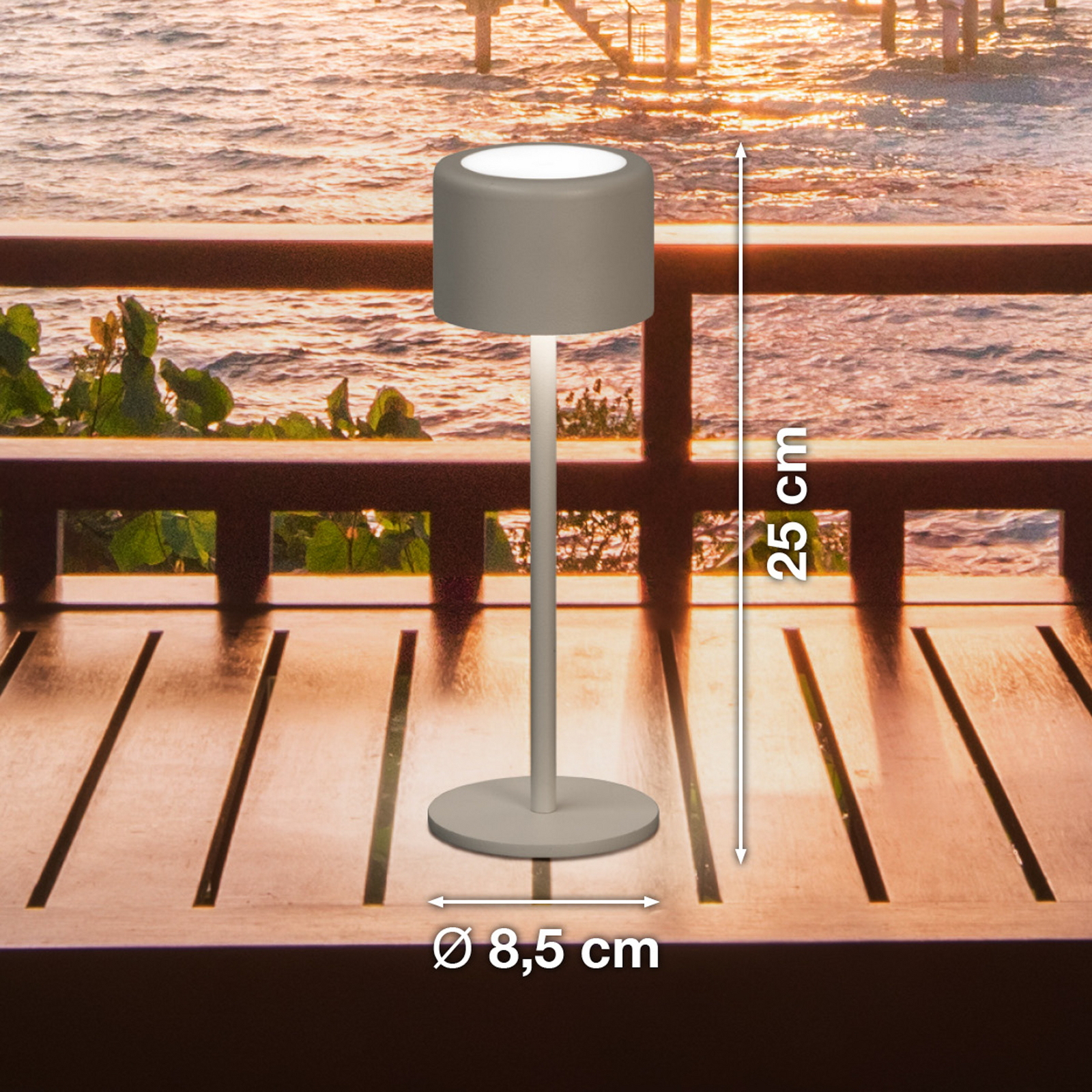 LED-Akku-Tischlampe Juna, grau-braun Höhe 25 cm Metall, IP54