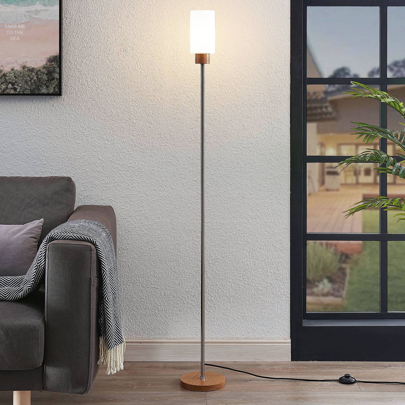 Photos - Chandelier / Lamp Lindby Nicus wooden floor lamp, glass lampshade 