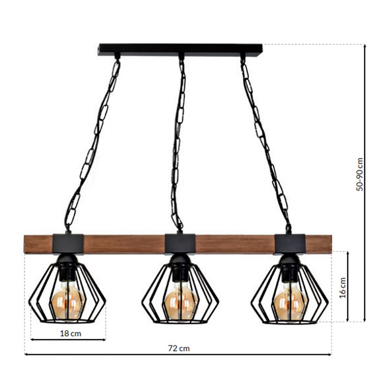 Ulf pendant light, wooden beam, three-bulb