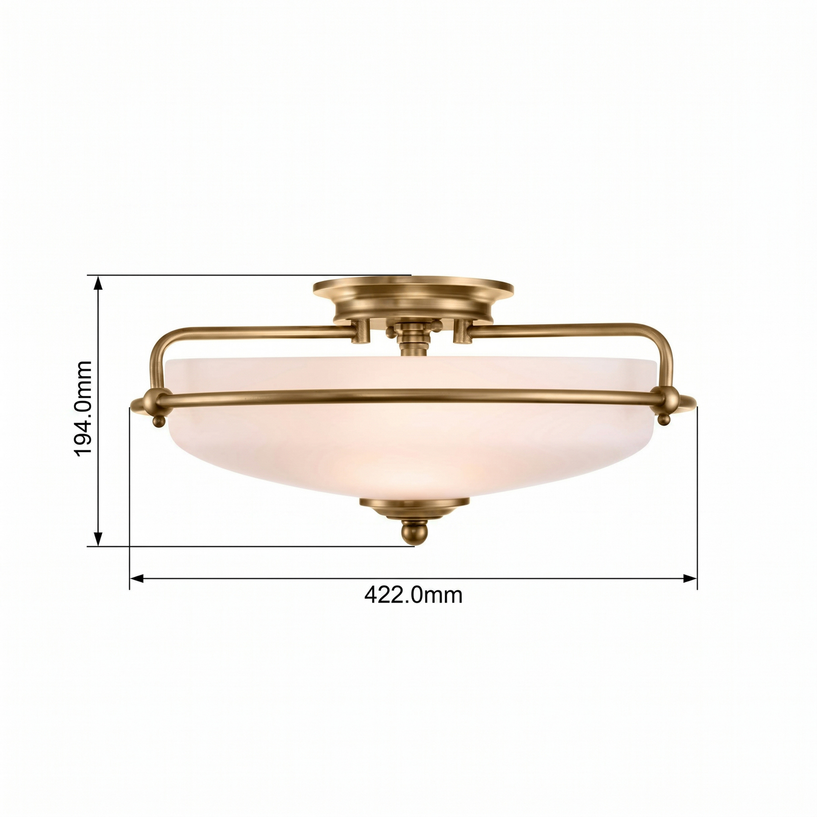 Plafoniera Griffin F, Ø 42 cm, paralume in vetro opalino, ottone Plafoniera Griffin F, Ø 42 cm, paralume in vetro opalino, ottone