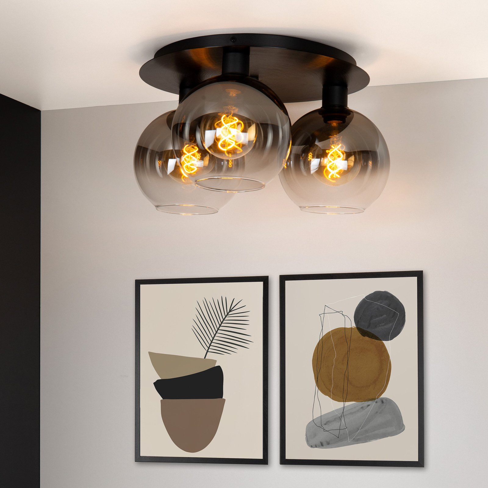 Marius ceiling light, black, Ø 50 cm, glass, 3-bulb