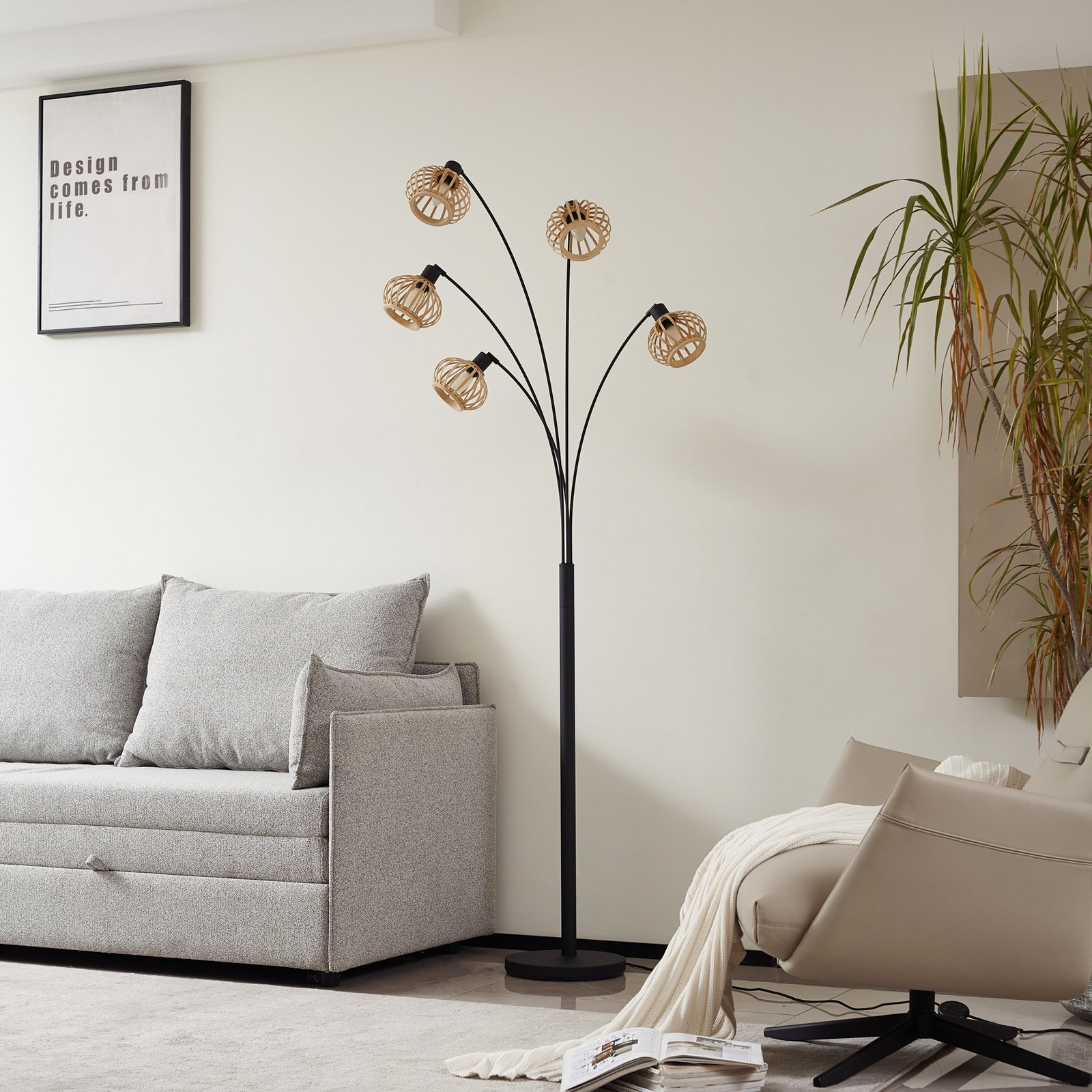 Lindby lampe sur pied Lielle, bambou naturel, 5 lampes, 190 cm