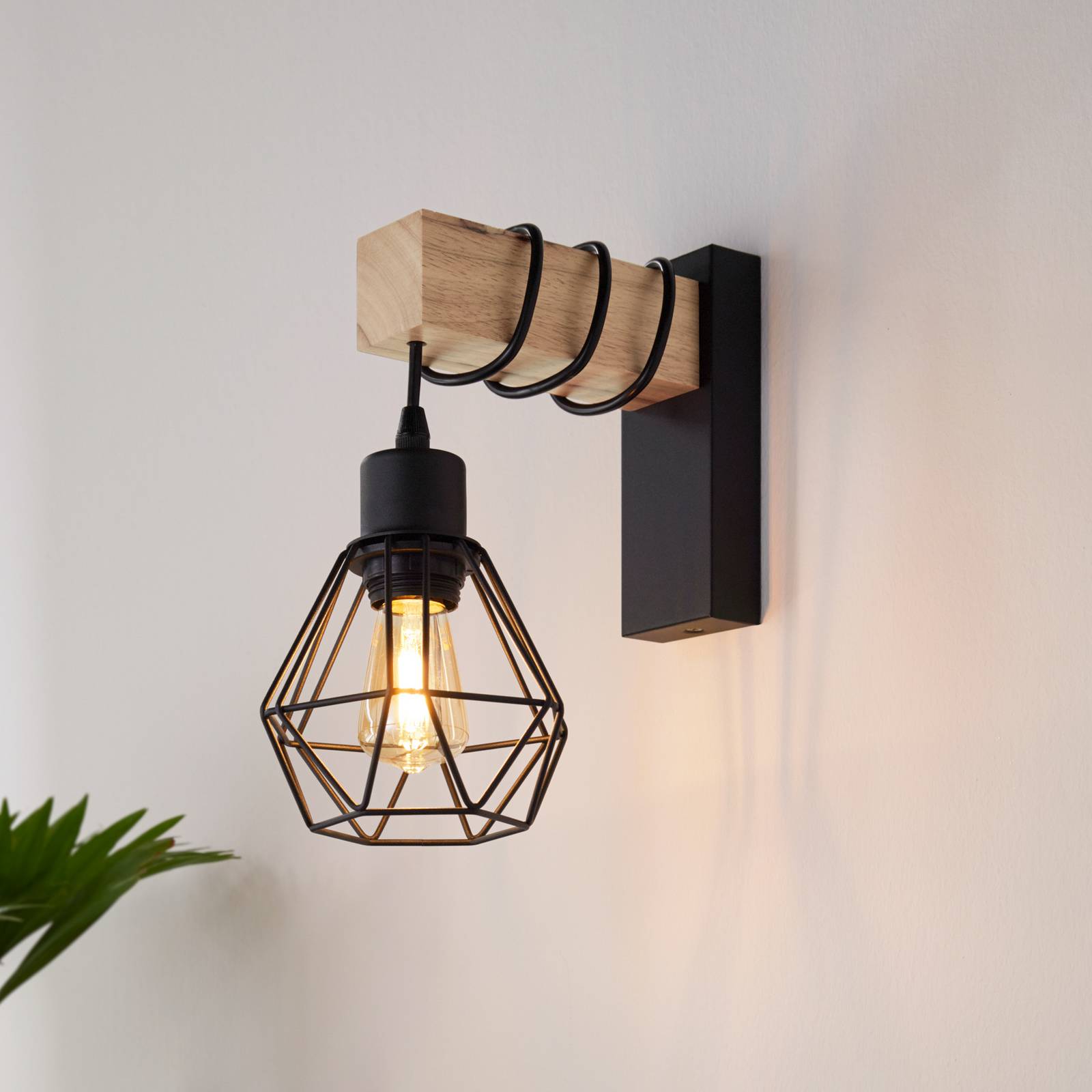 EGLO Applique murale Townshend, largeur 14 cm, noir/chêne