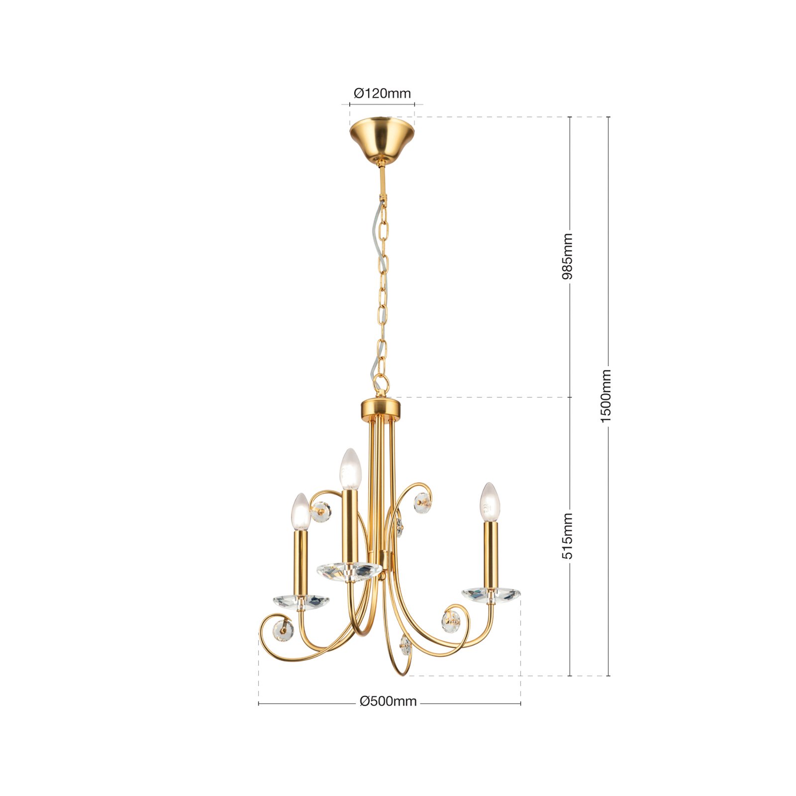 Ariane chandelier, gold-coloured, Ø 50 cm, crystal, 3-bulb.