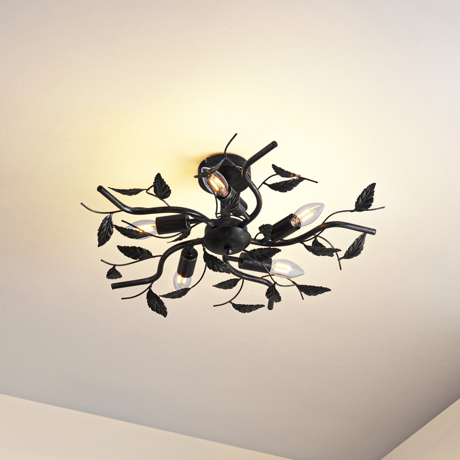 Lindby Yos ceiling lamp, 5-bulb, 58 cm, black and gold, E14
