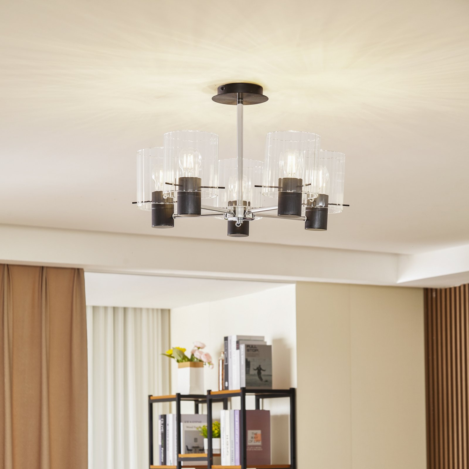 Lucande candeeiro de teto Eirian, 5 lâmpadas, preto, vidro, E27