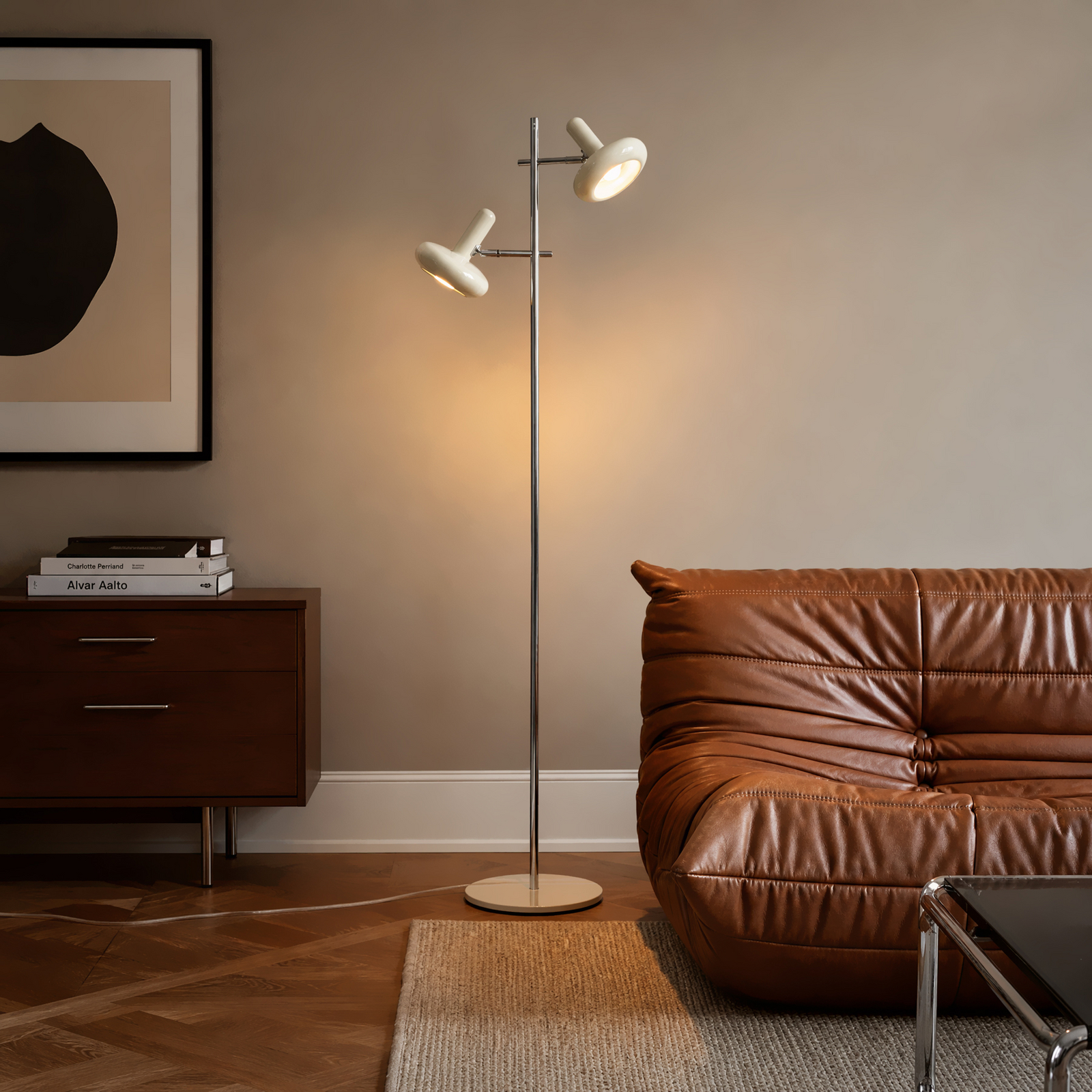 Lindby Stehleuchte Dylan, 2-flg., chrom/beige, 150 cm, E14 Lindby Stehleuchte Dylan, 2-flg., chrom/beige, 150 cm, E14