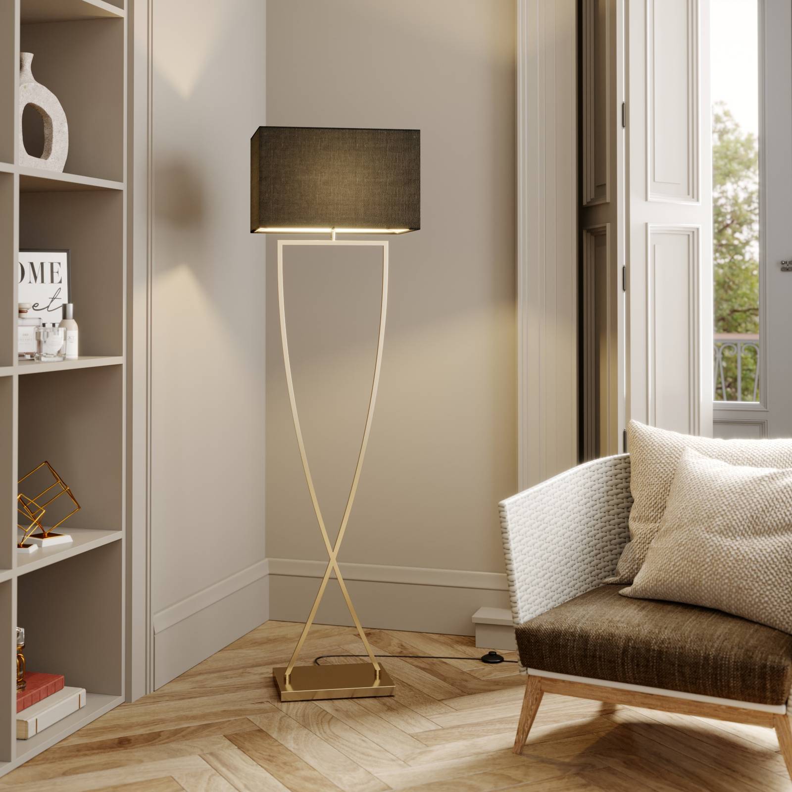 Lucande Stehleuchte Evaine, messing/schwarz, 155 cm, E27 günstig online kaufen