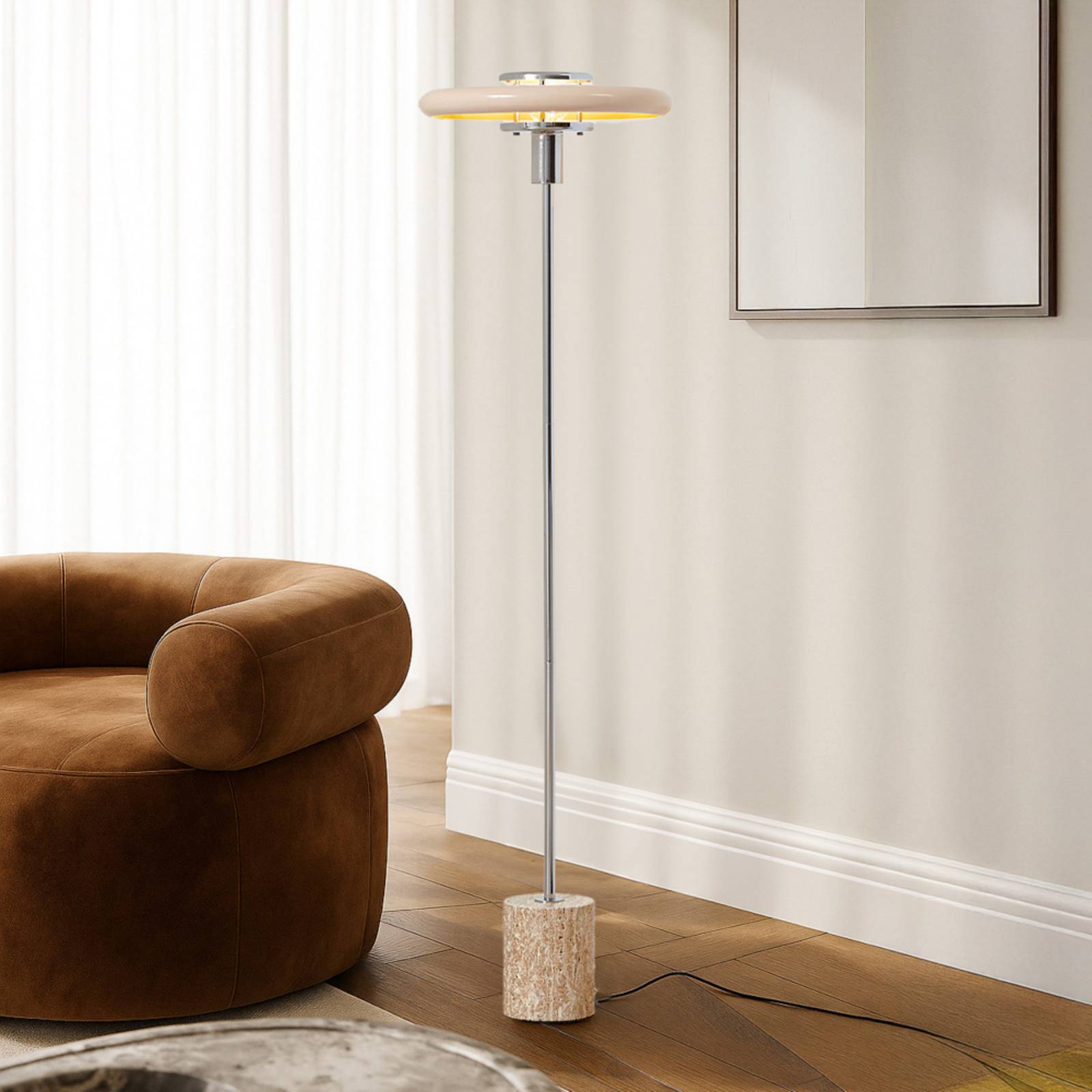 Lindby Lampa stojąca Branford, retro, beżowa, metal/trawertyn