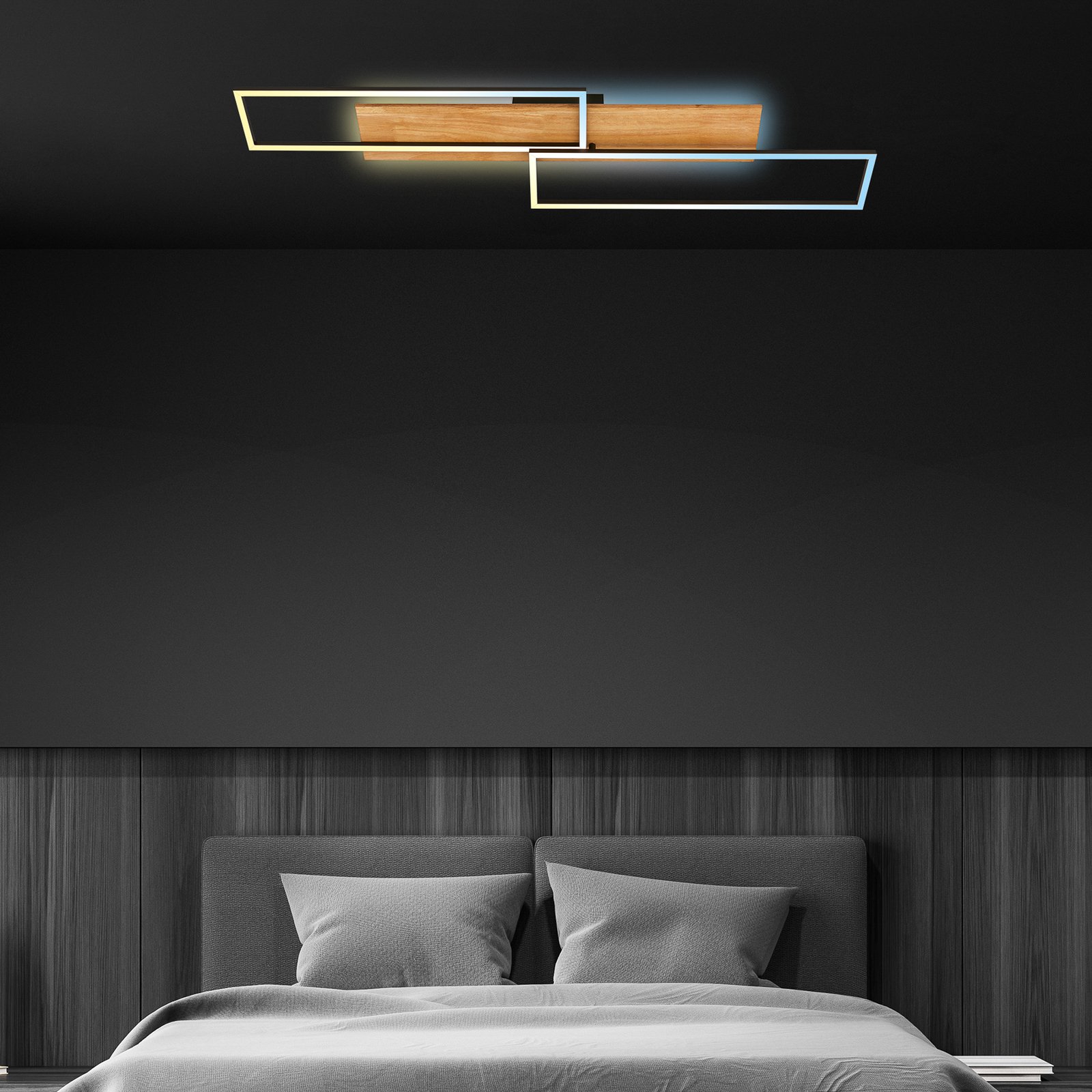 Plafonnier LED Cornice, 110x25 cm, bois, télécommande