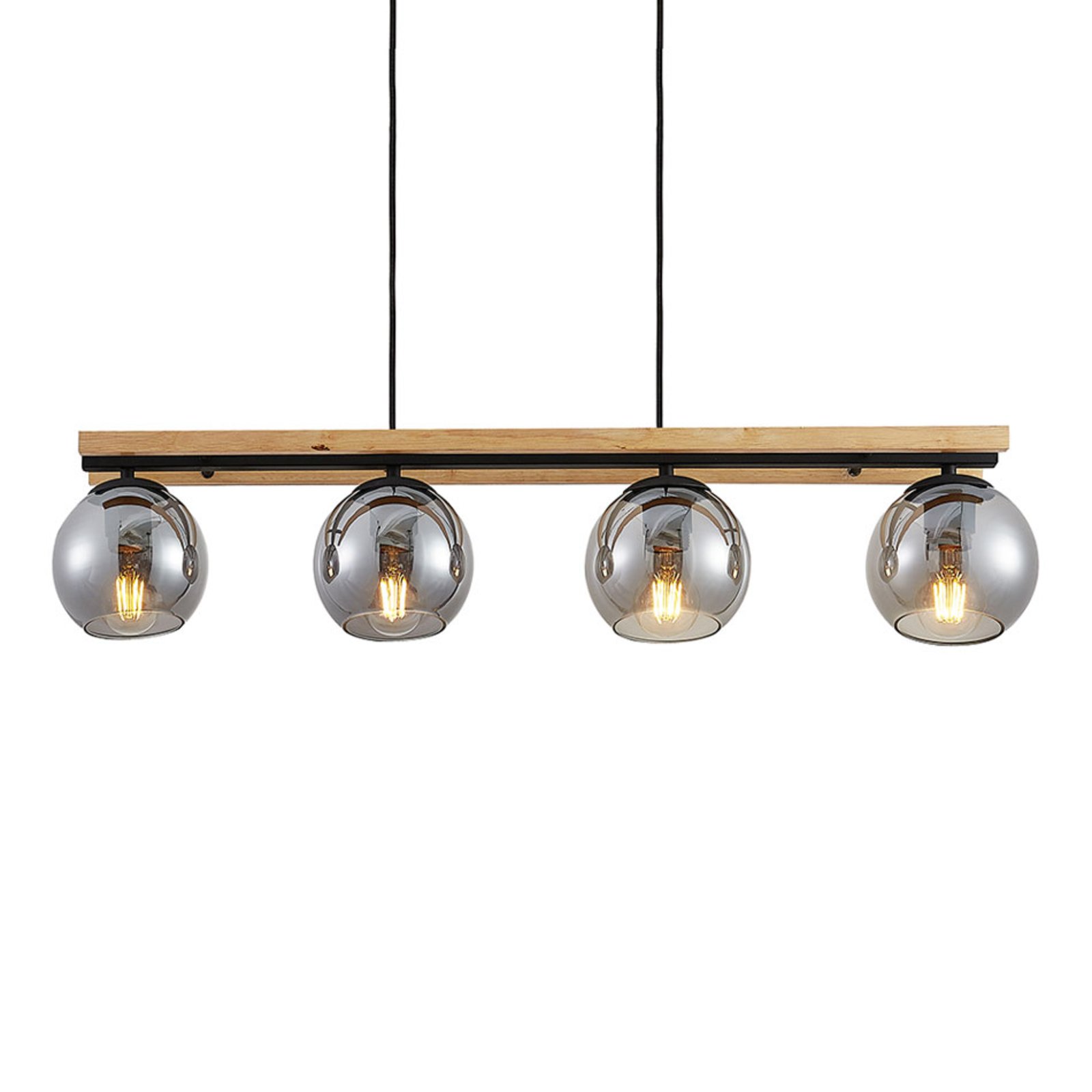 Lindby Philika glas-pendellampe, 4 lyskilder - pendel lampe - haengelampe - moderne lampe stue/spisestue - røggrå, lys eg, sort - glas, træ, stål