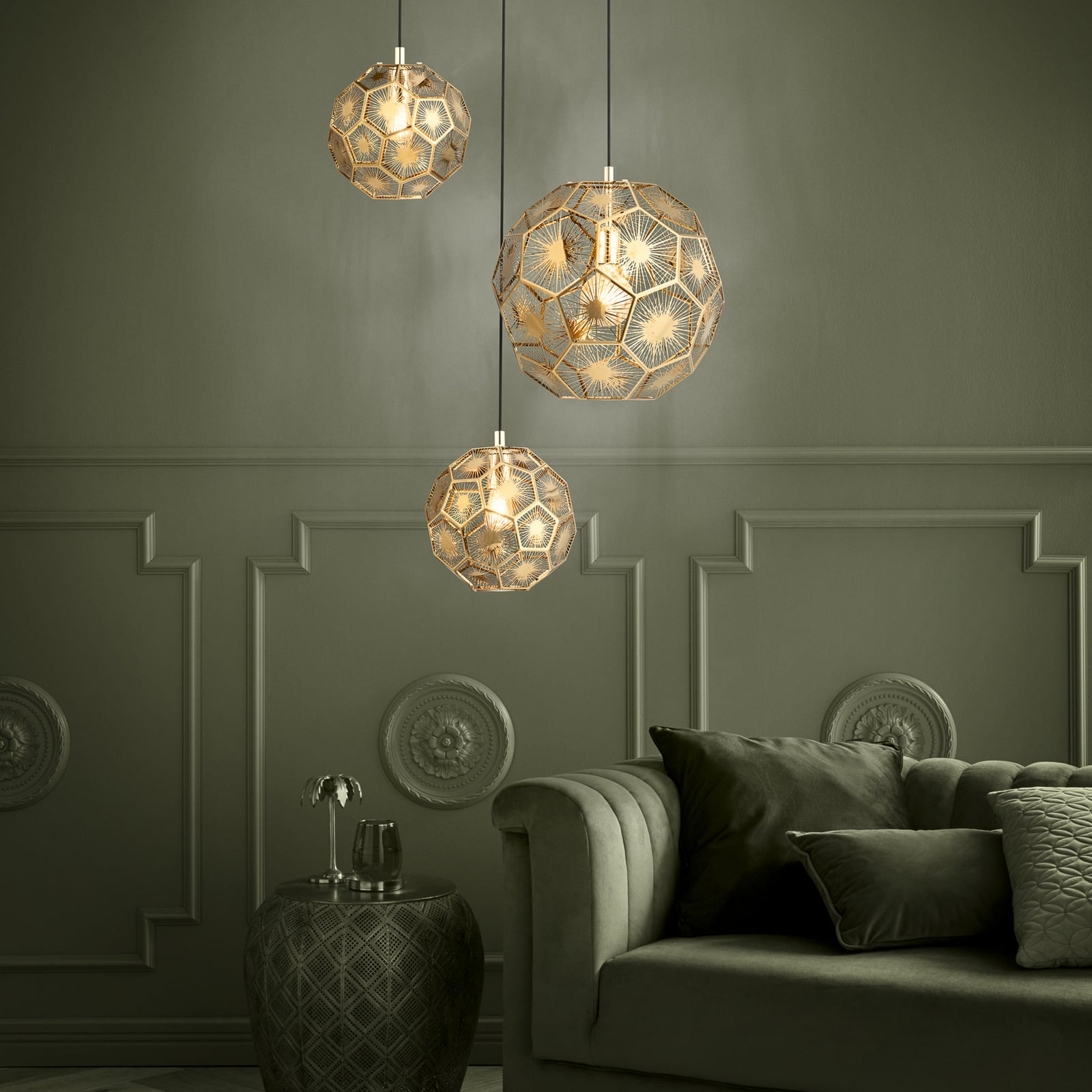 Hængelampe Skoura, messingfarvet, 70 x 68 cm, 3 lyskilder, stål