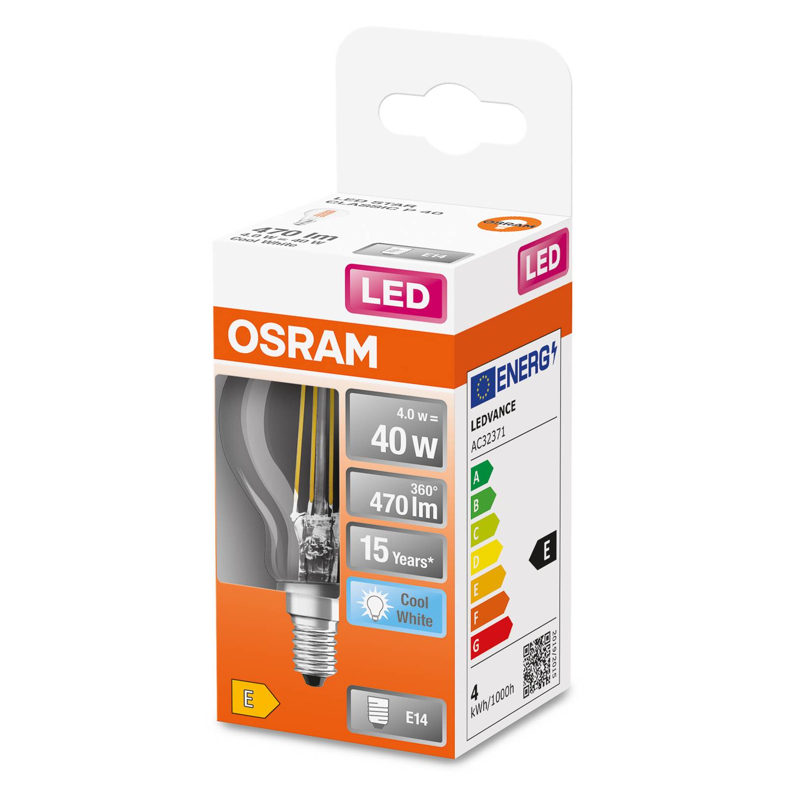 OSRAM LED-dråper E14 4W Classic P 4.000K klar