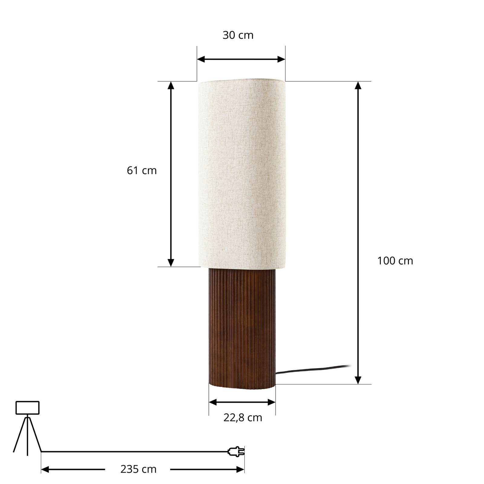 Kimiko gulvlampe, valnøddetræ, tekstil, højde 100 cm, E27 – Lindby