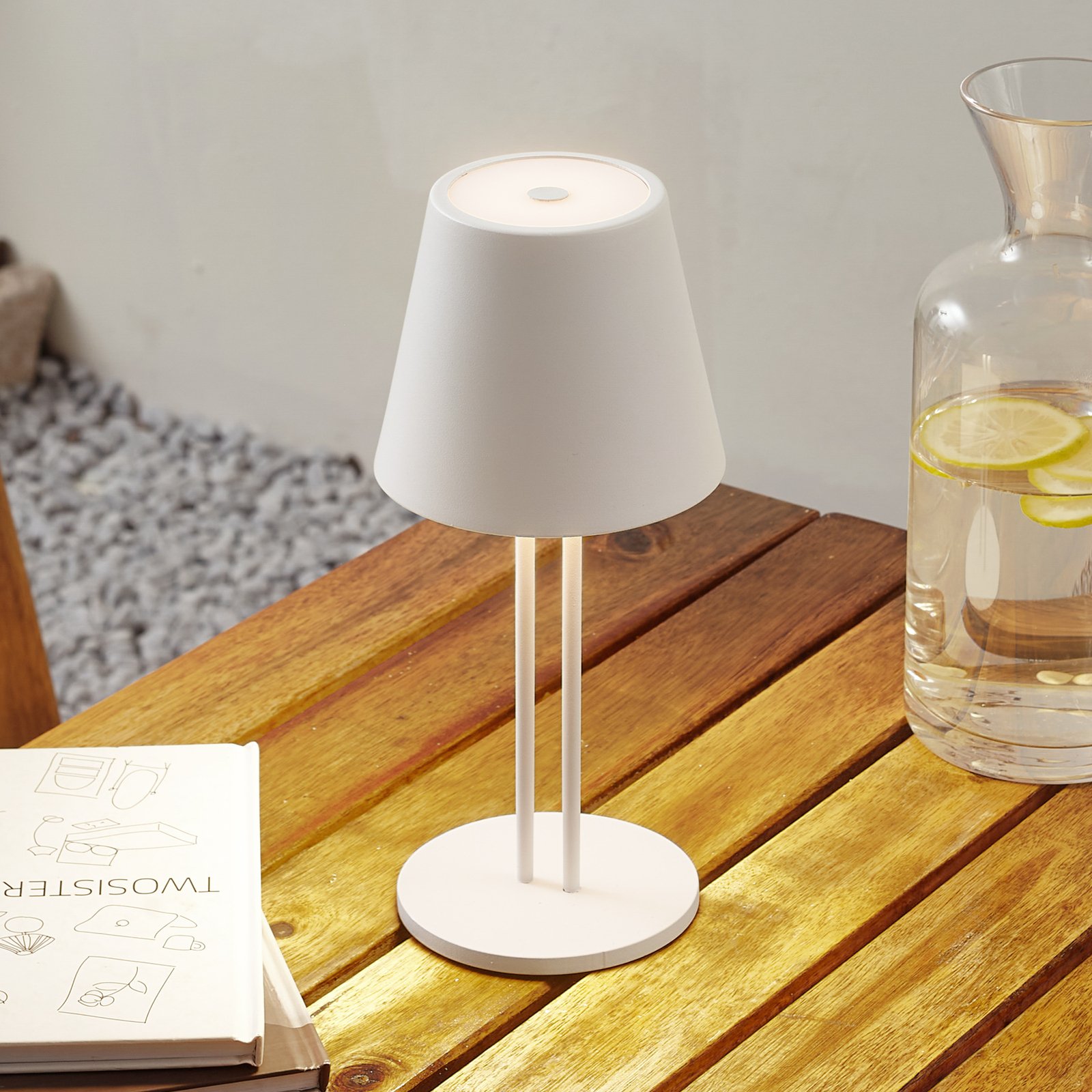 Lámpara de mesa Lindby LED recargable Janea, de dos patas, blanca, metal