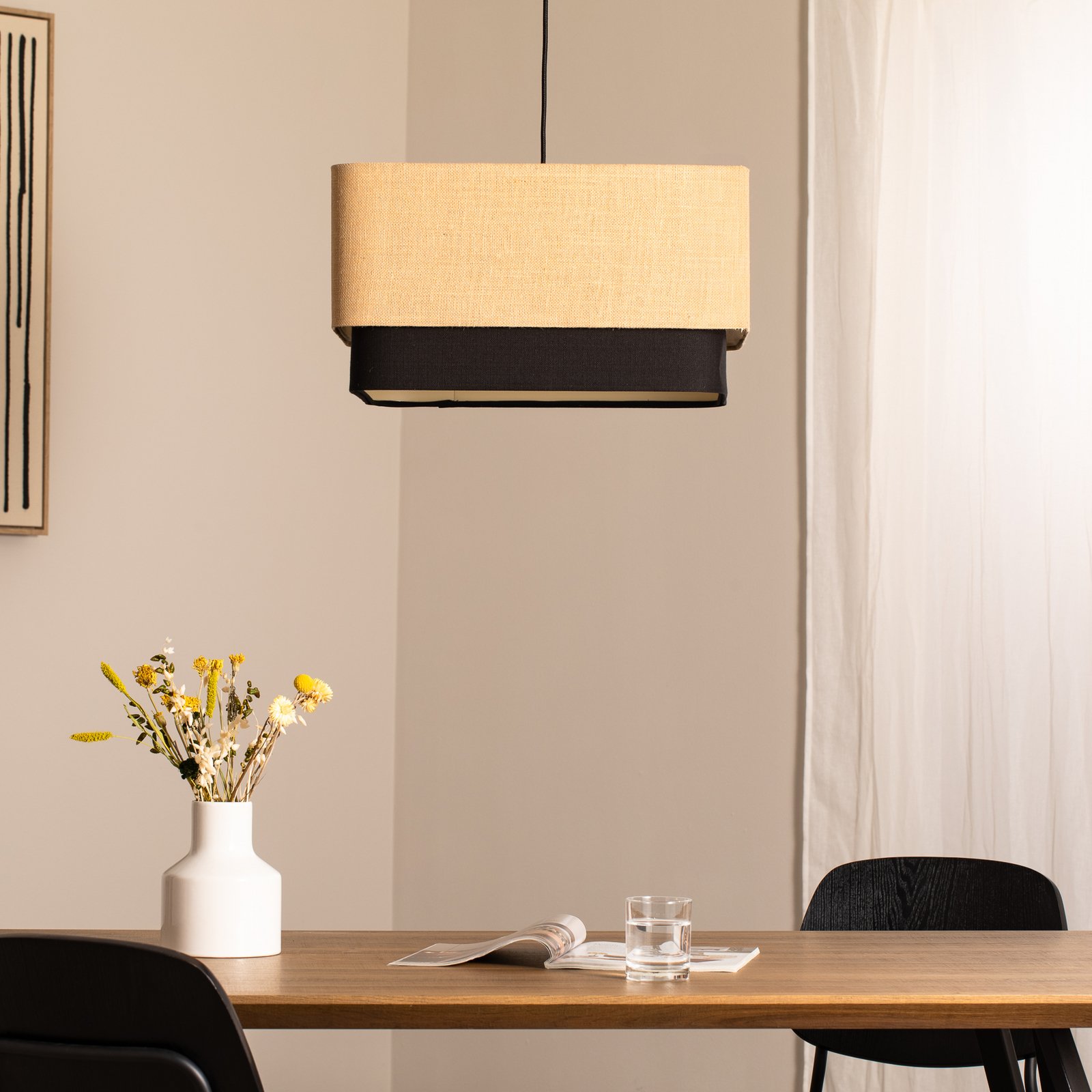 Kwadro Duo hængelampe, sort/beige, 50x50cm, jute/satin