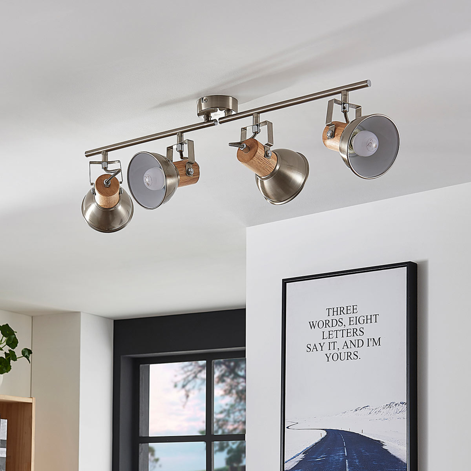 Dennis ceiling light with wood, 4-bulb