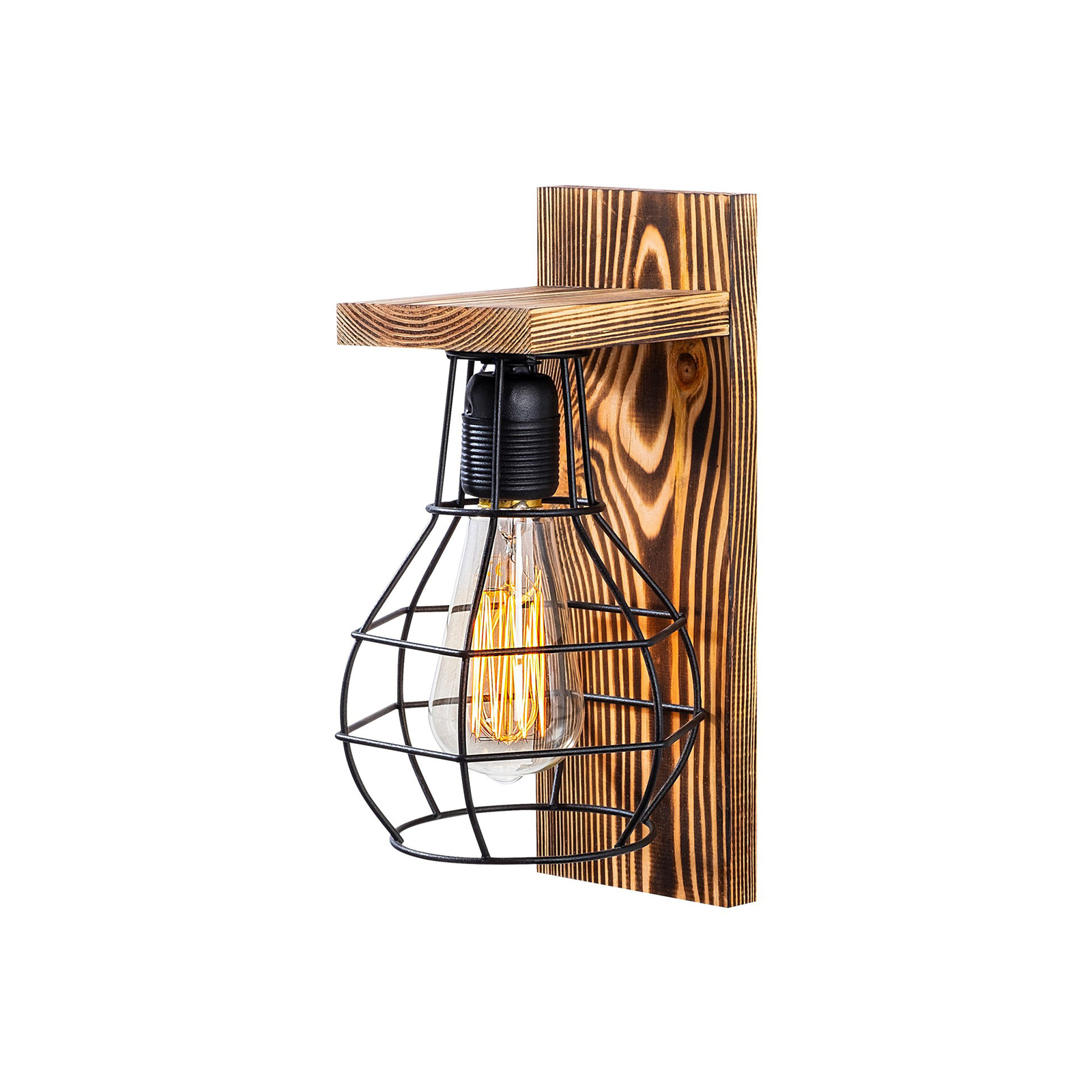 Wandlampe Erebos 121-A, Holz, Käfigschirm schwarz