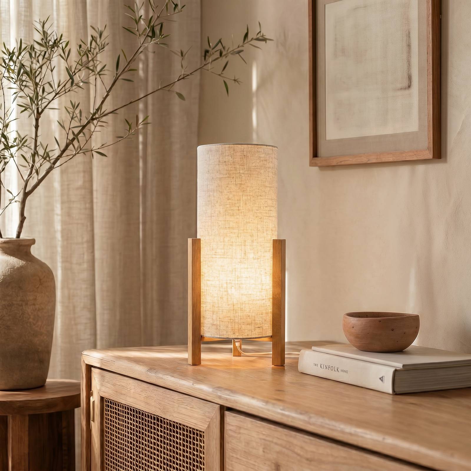 Lampa stołowa 3193, drewno, tkanina lniana, wysokość 52cm