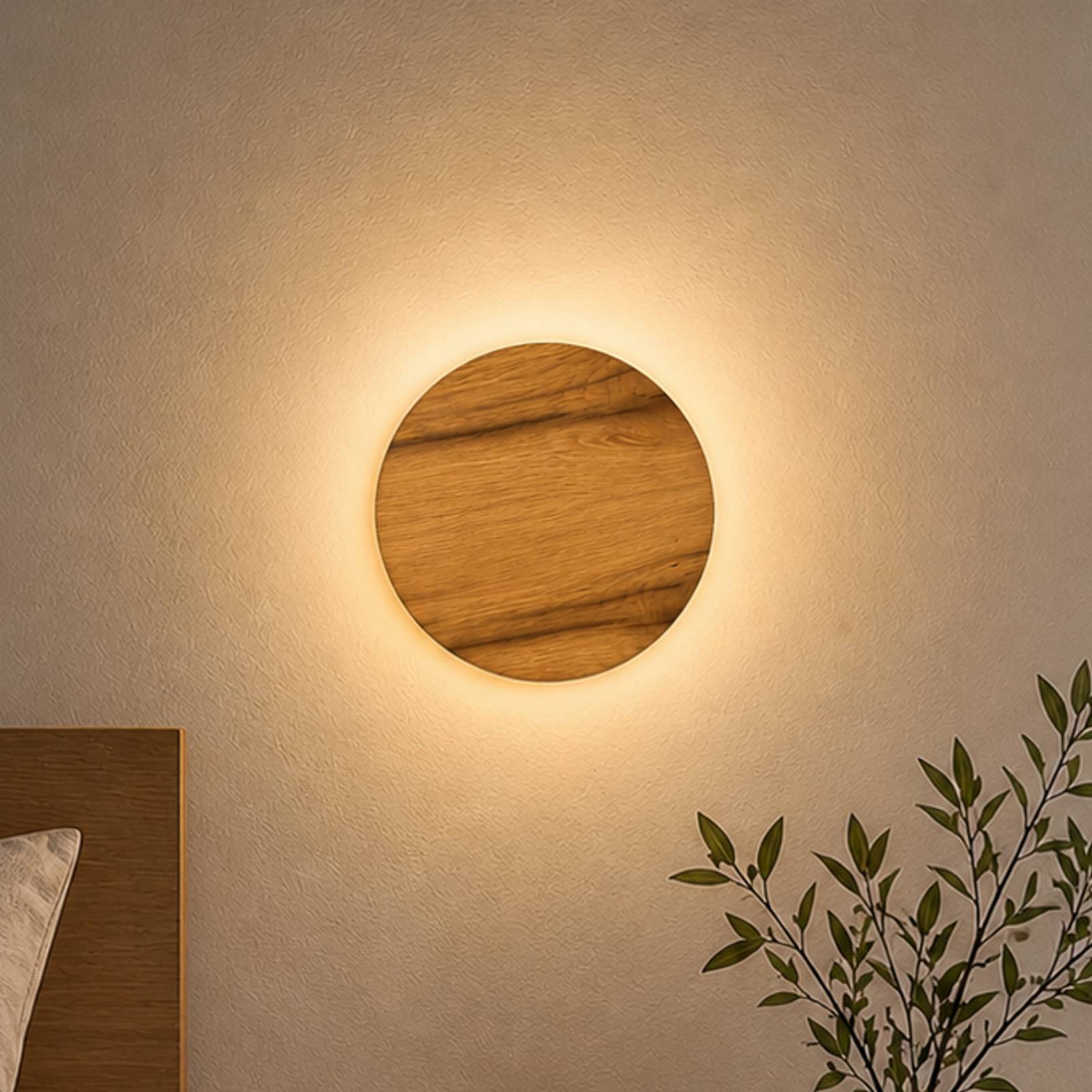 LED-væglampe Havana S, æg-eg/metal, Ø 19 cm, IP44