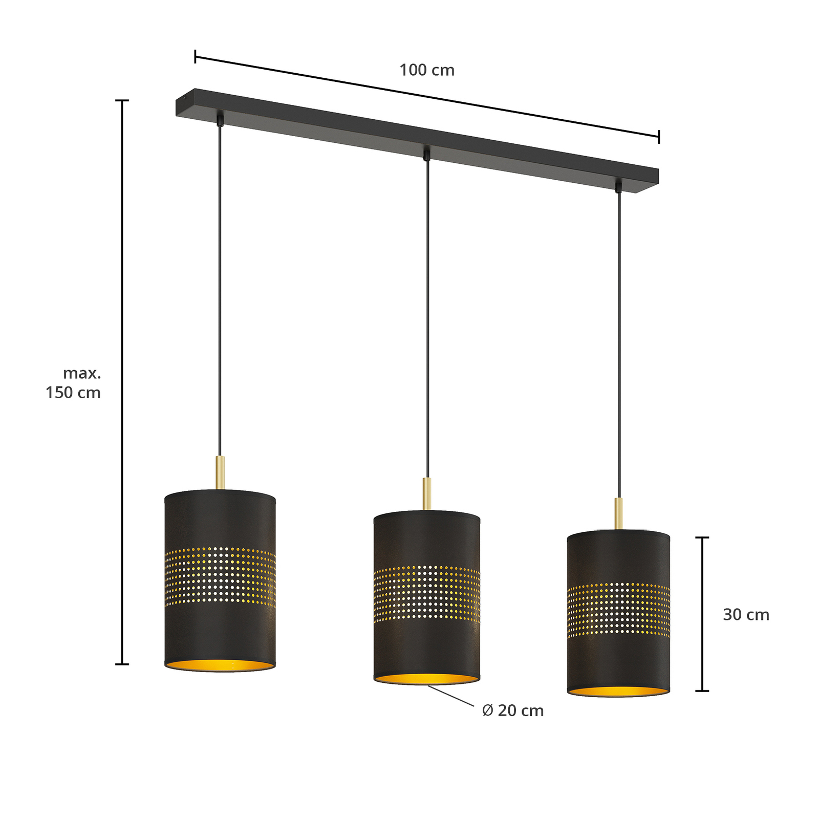Bogart hanglamp, 3-lamps, zwart/goud