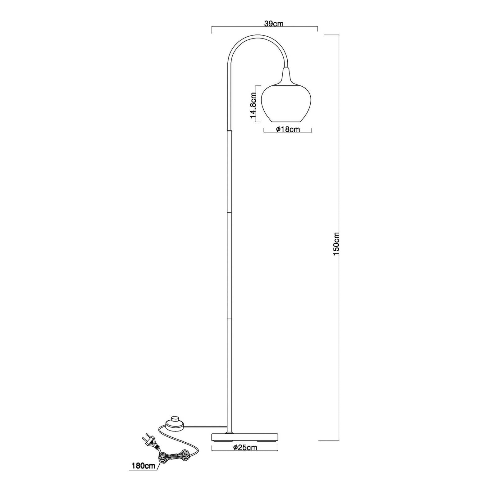 Golvlampa Maxy, koppar/svart, glas, 150 cm hög, E27