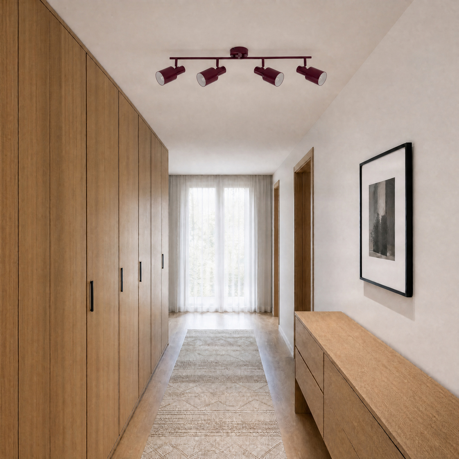 Spot pour plafond Lindby Ovelia, rouge foncé, 80 cm, à 4 lampes, E27