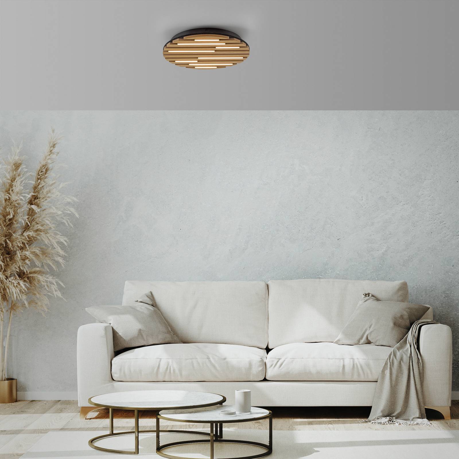 LED-loftlampe Akustik, Ø 38 cm, naturtræ, metal