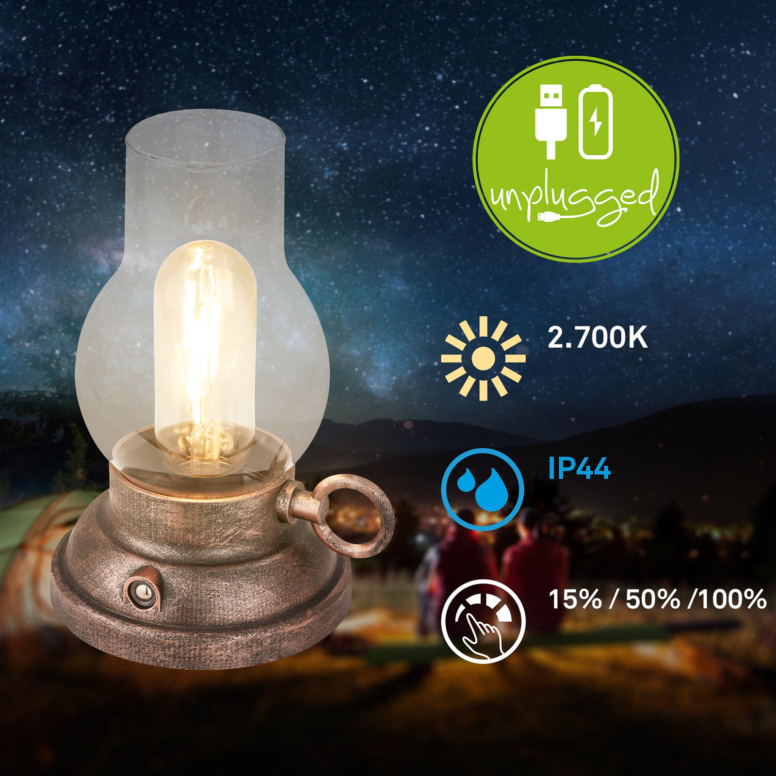 LED tafellamp op accu Brilo unplugged Kanea bronskleurig 18 cm