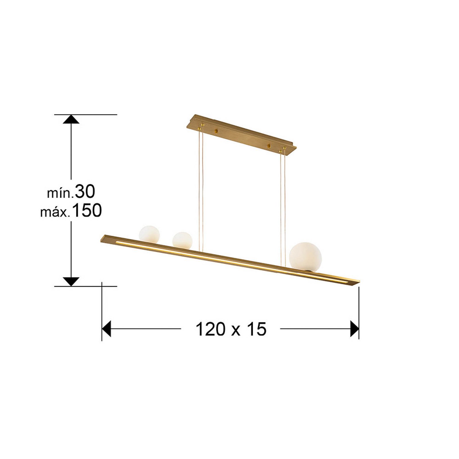 LED hanglamp Mila, goudkleurig, lengte 120 cm, 3-lamps.