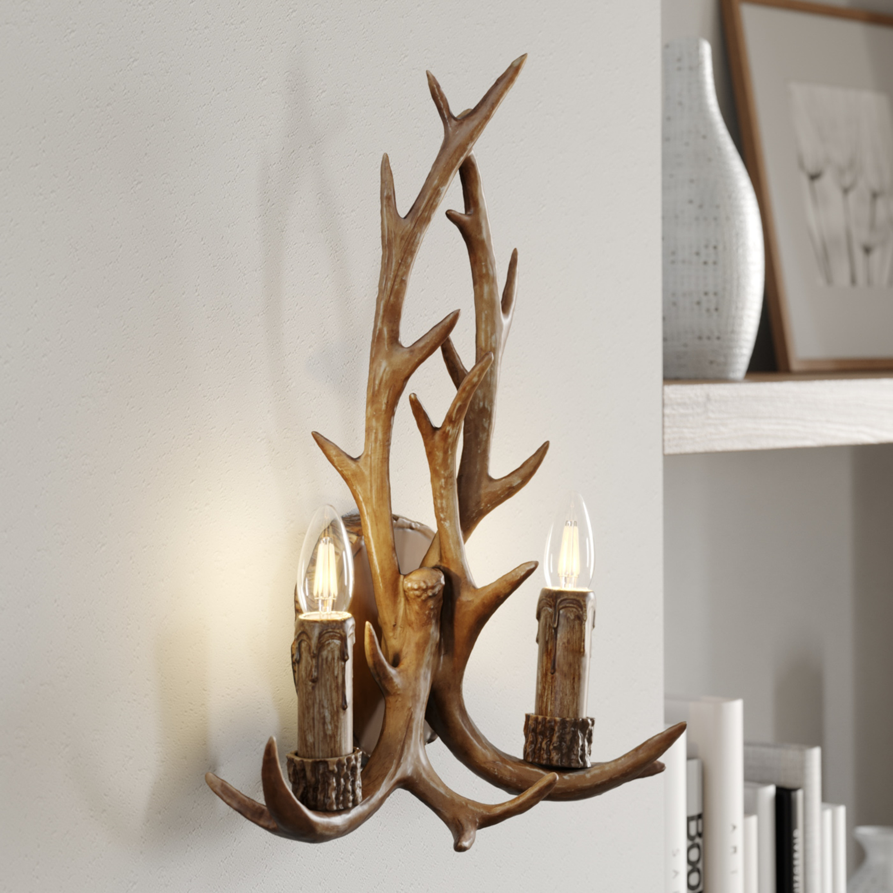 Lindby Fibi wall light, antlers, brown, for Living / Dining Room, polyester, steel, E14, 40 W, energy efficiency: A++, W: 36 cm, H: 47 cm