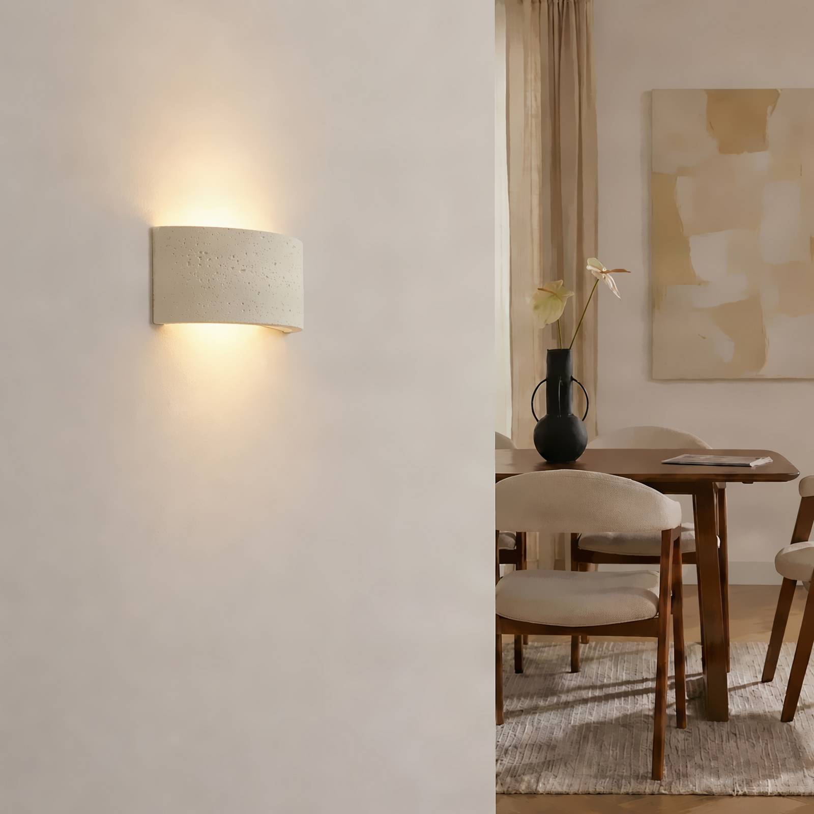 Lindby wandlamp Naike, beige, travertin-look, gips, 15 cm
