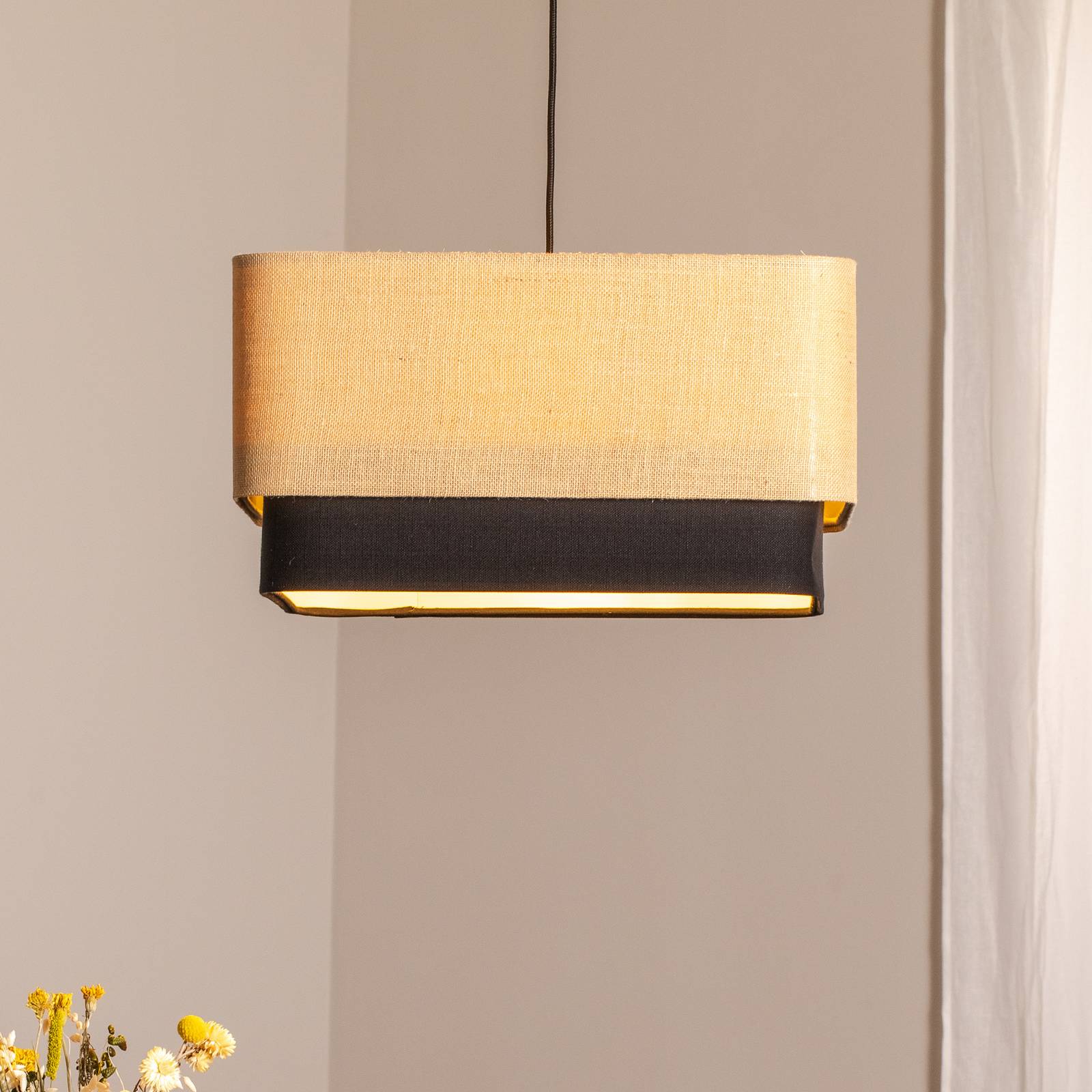 Hängeleuchte Kwadro Duo, schwarz/beige, 50x50cm, Jute/Satin günstig online kaufen