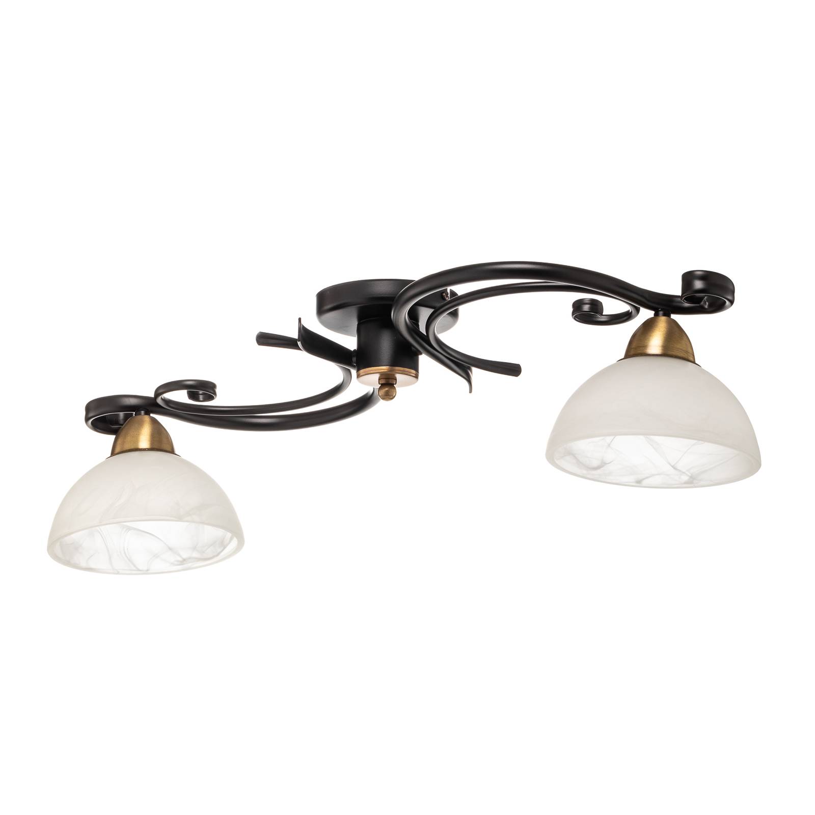 Deckenlampe Flora, 2 Glasschirme, schwarz/messing
