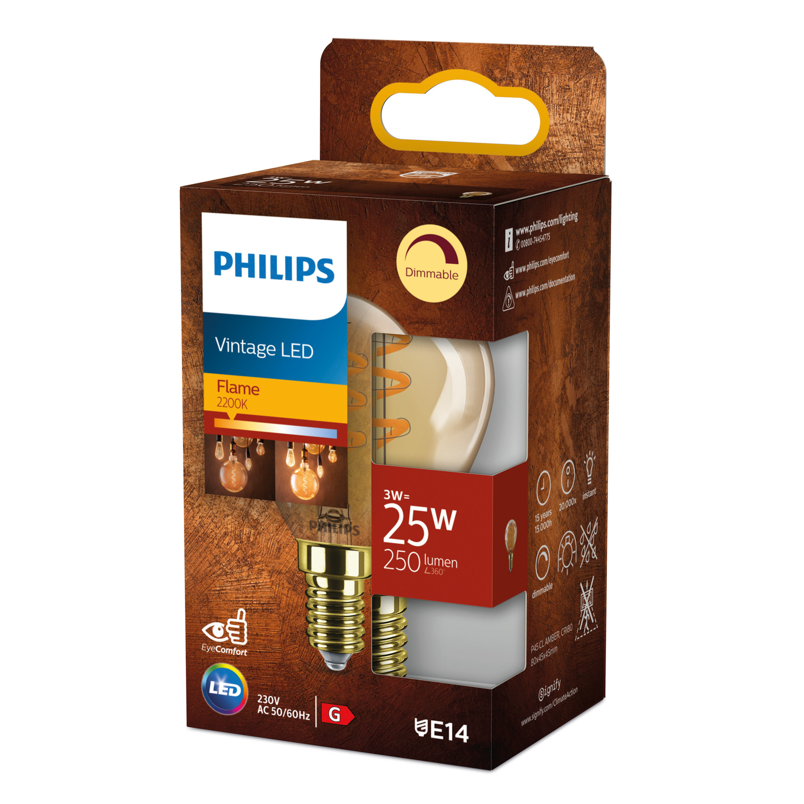 Philips E14 LED bulb G45 3W dimmable 2,200K gold