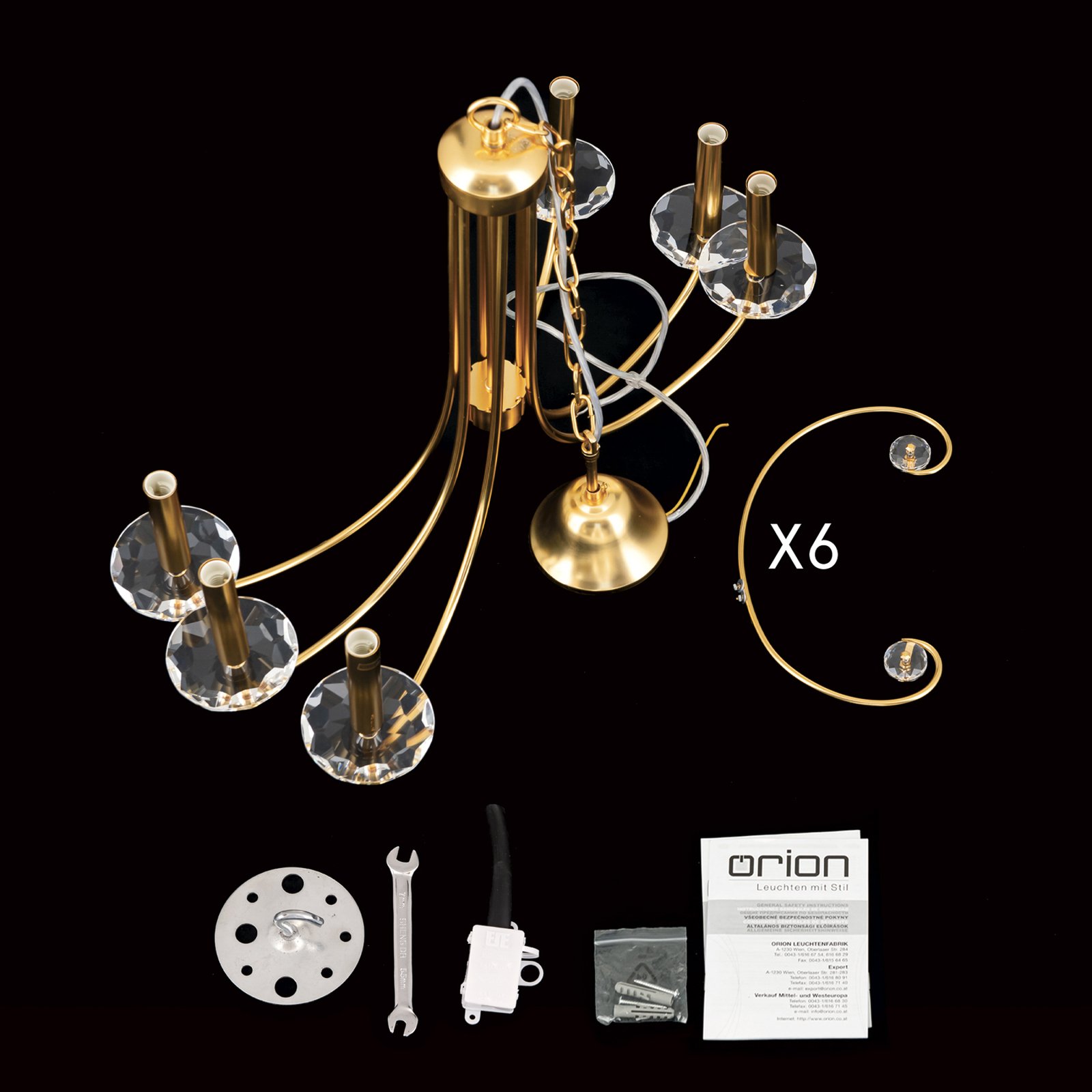 Ariane chandelier, gold-coloured, Ø 67.5 cm, crystal, 6-bulb.