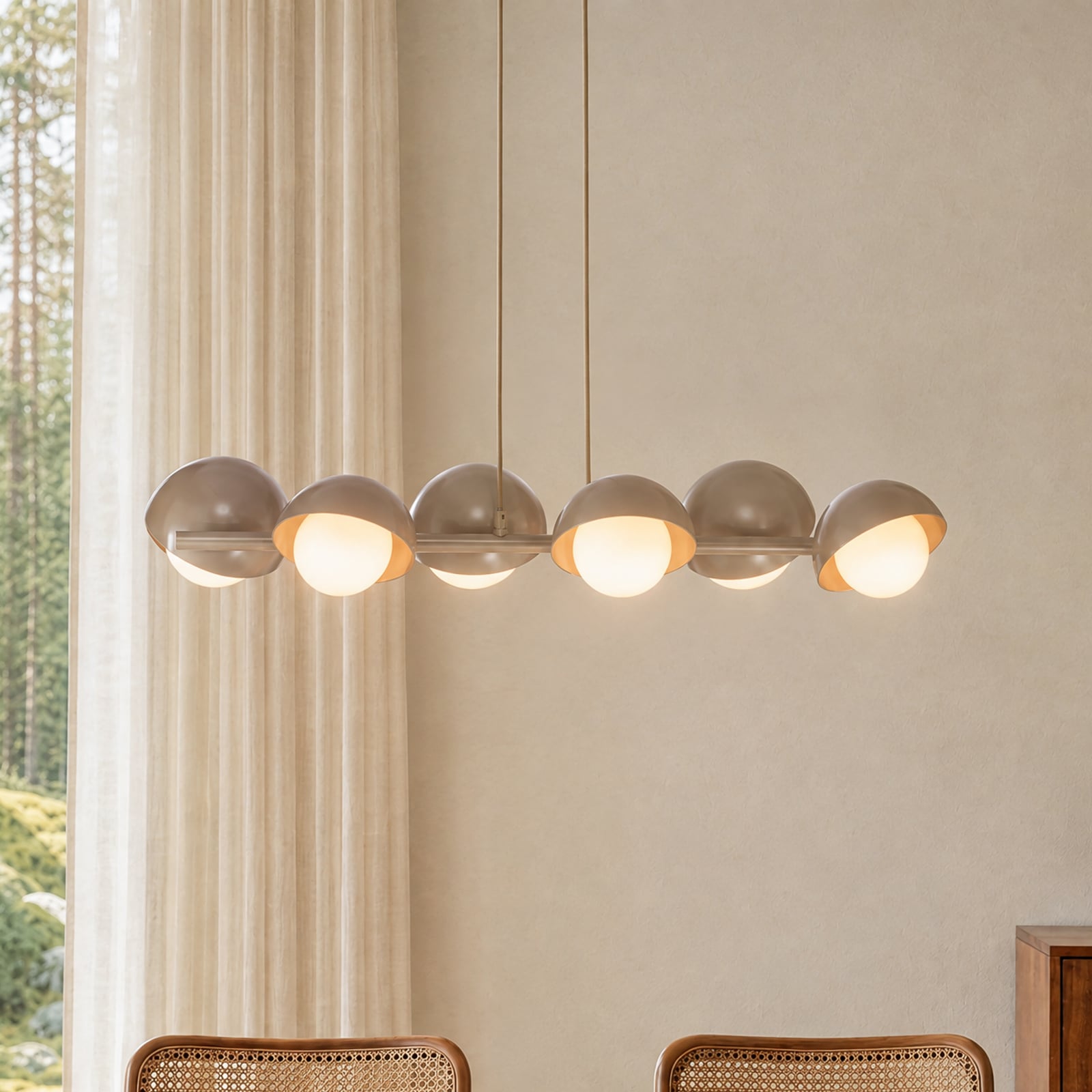 Lampada a sospensione BOOM, beige, lunghezza 88 cm, a 6 luci, metallo/vetro