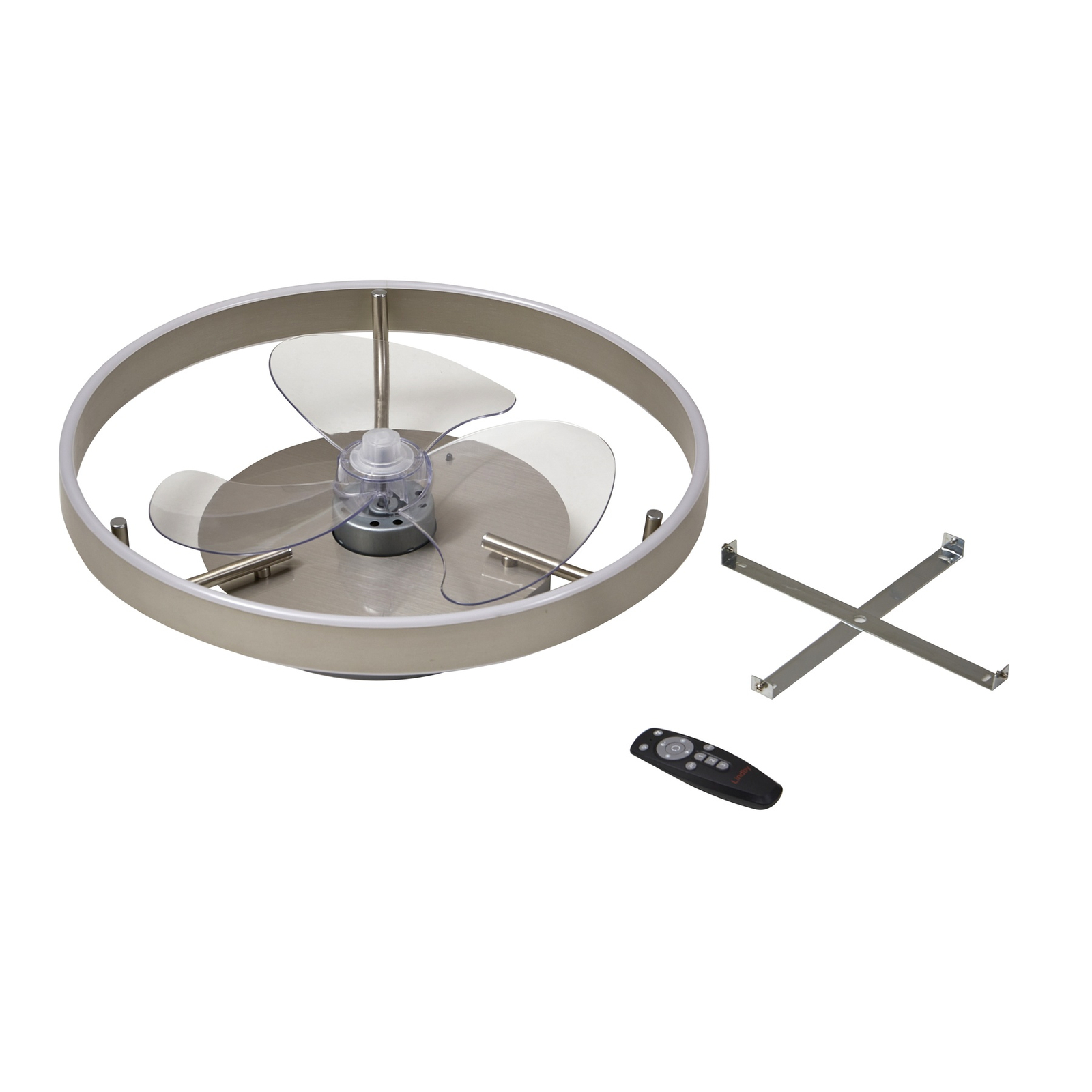 Stropný ventilátor Lindby LED Momitu, strieborný, tichý, Ø 14 cm