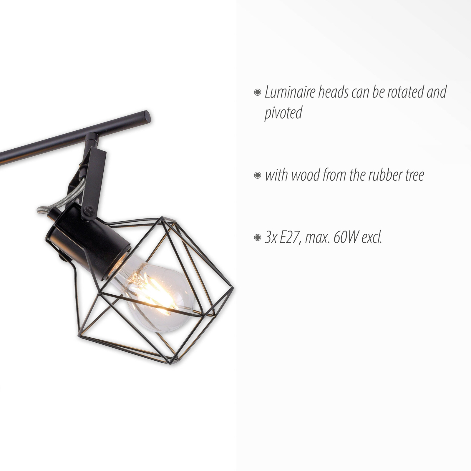 Loftslampe Jaro justerbar sort/træ 3-lys