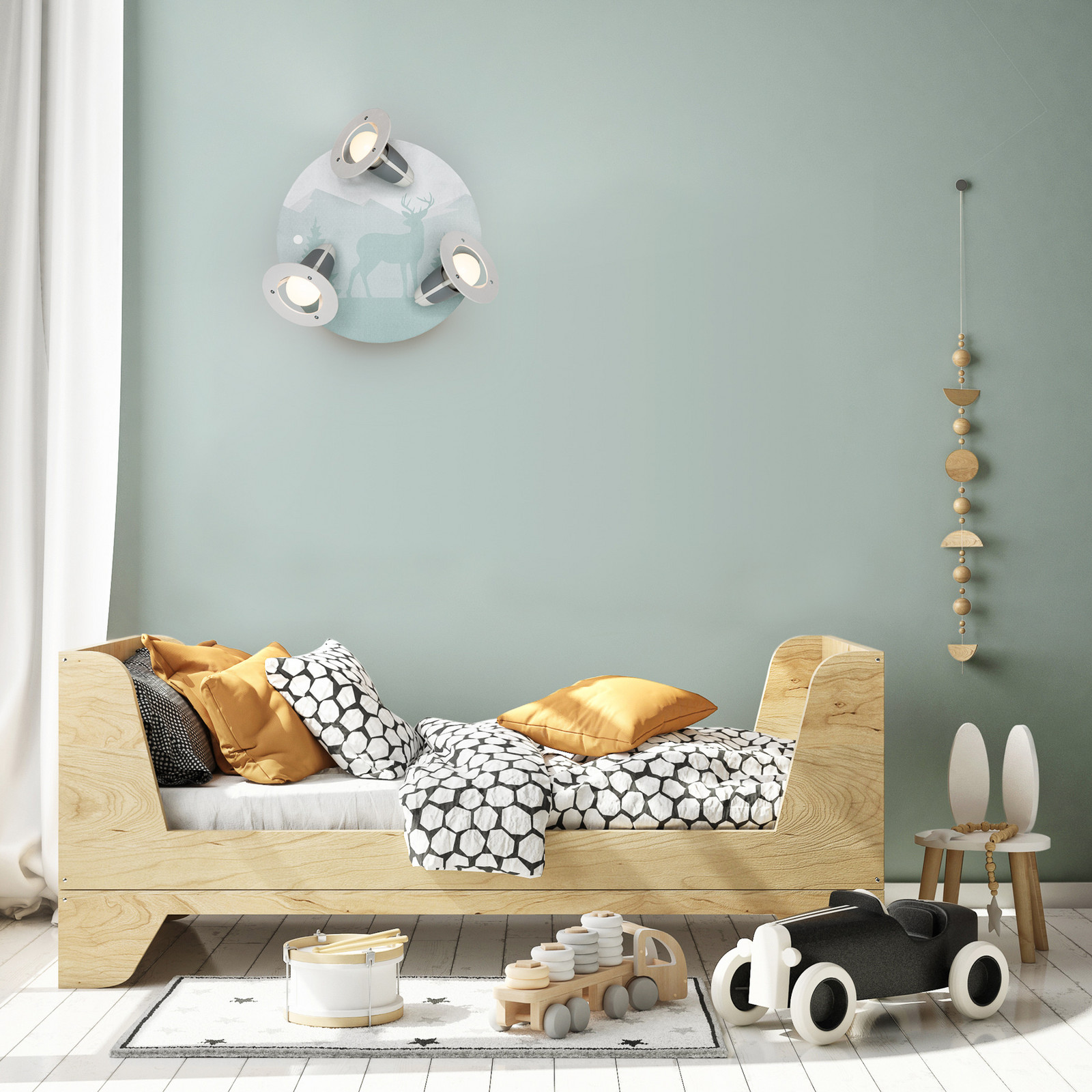 Elobra Candelabru de tavan Scandi Forest verde mentă Ø 29 cm 3 becuri E14 - Camera copiilor - verde mentă alb - Lemn