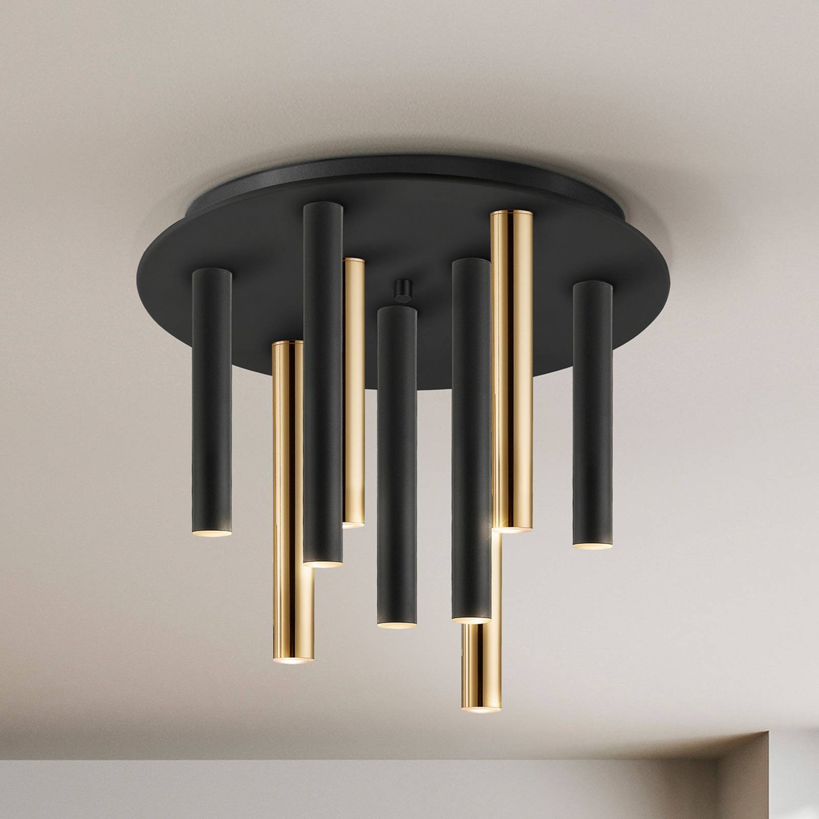 Lampa sufitowa LED Varas ściemniana, 9-punktowa, złota/czarna, metalowa