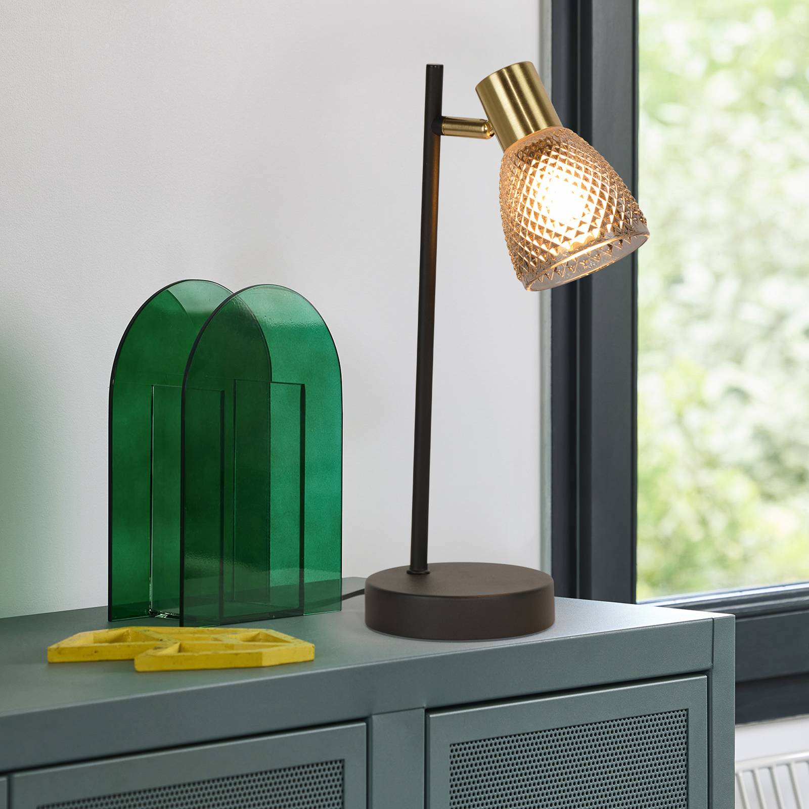 COREP Lampe de table Giada, noir/gris fumé, hauteur 35 cm, métal/verre