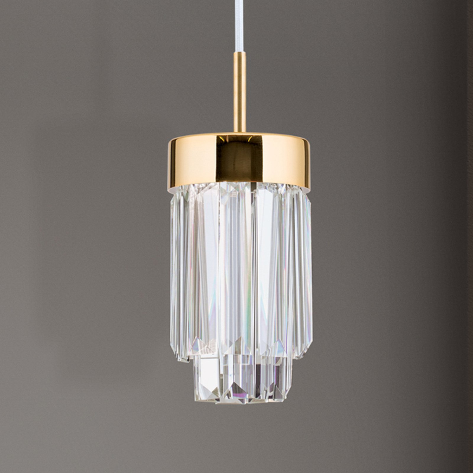 Prism LED-hengelampe, krystallglass Ø10cm, gull