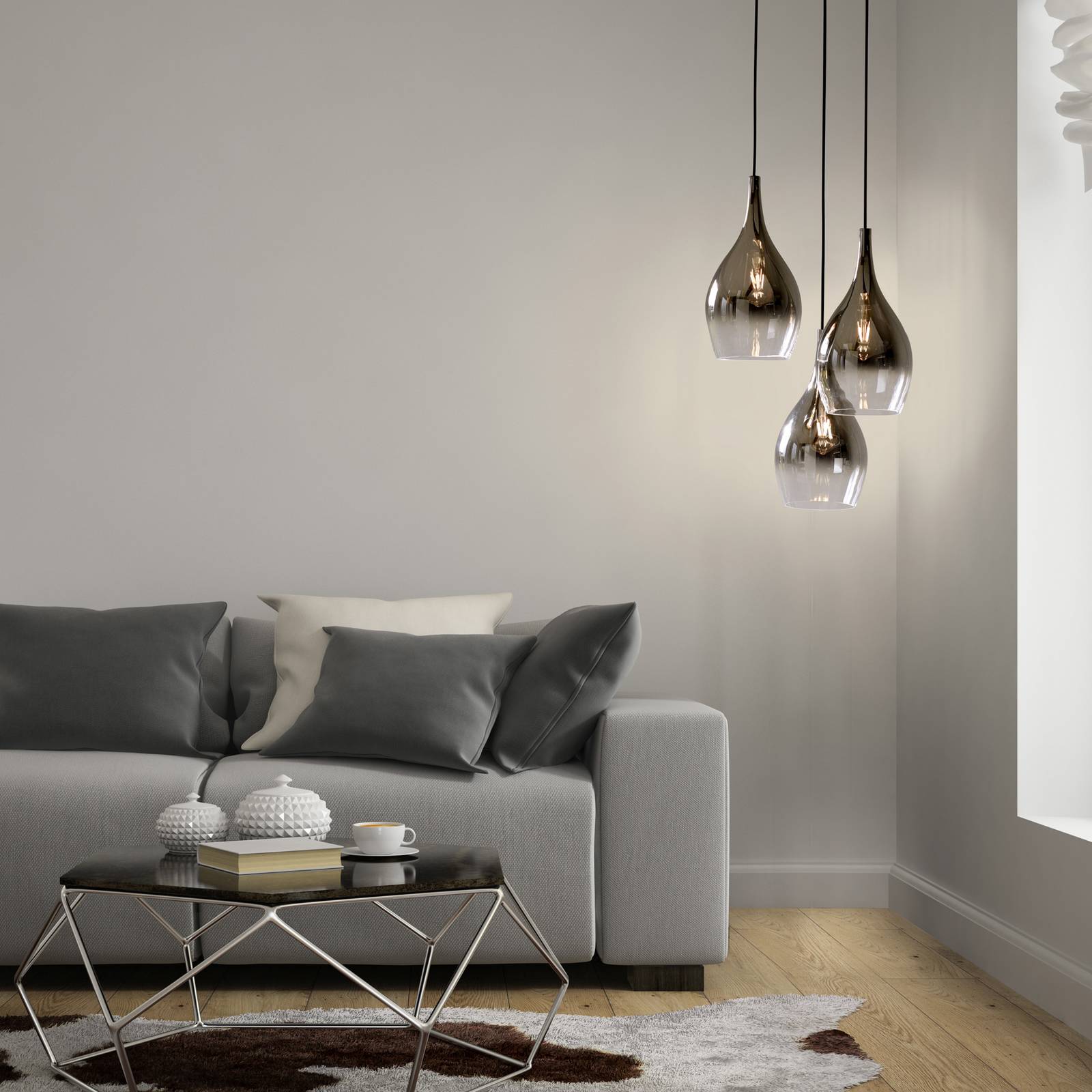 Paul Neuhaus hanglamp Pilua, rookgrijs, glas, 30cm, 3-lamps.