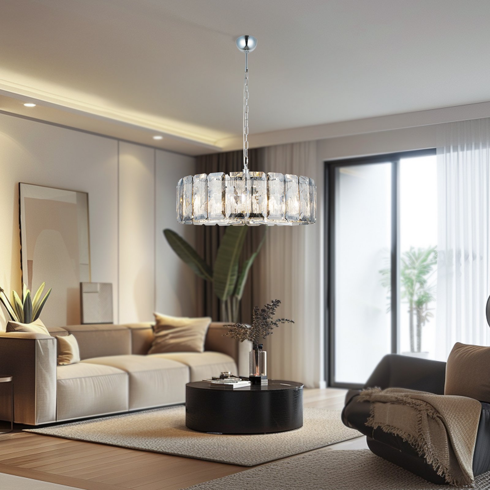 Lampadario Orvin, rotondo, cromo, a 8 luci, Ø 67 cm, vetro