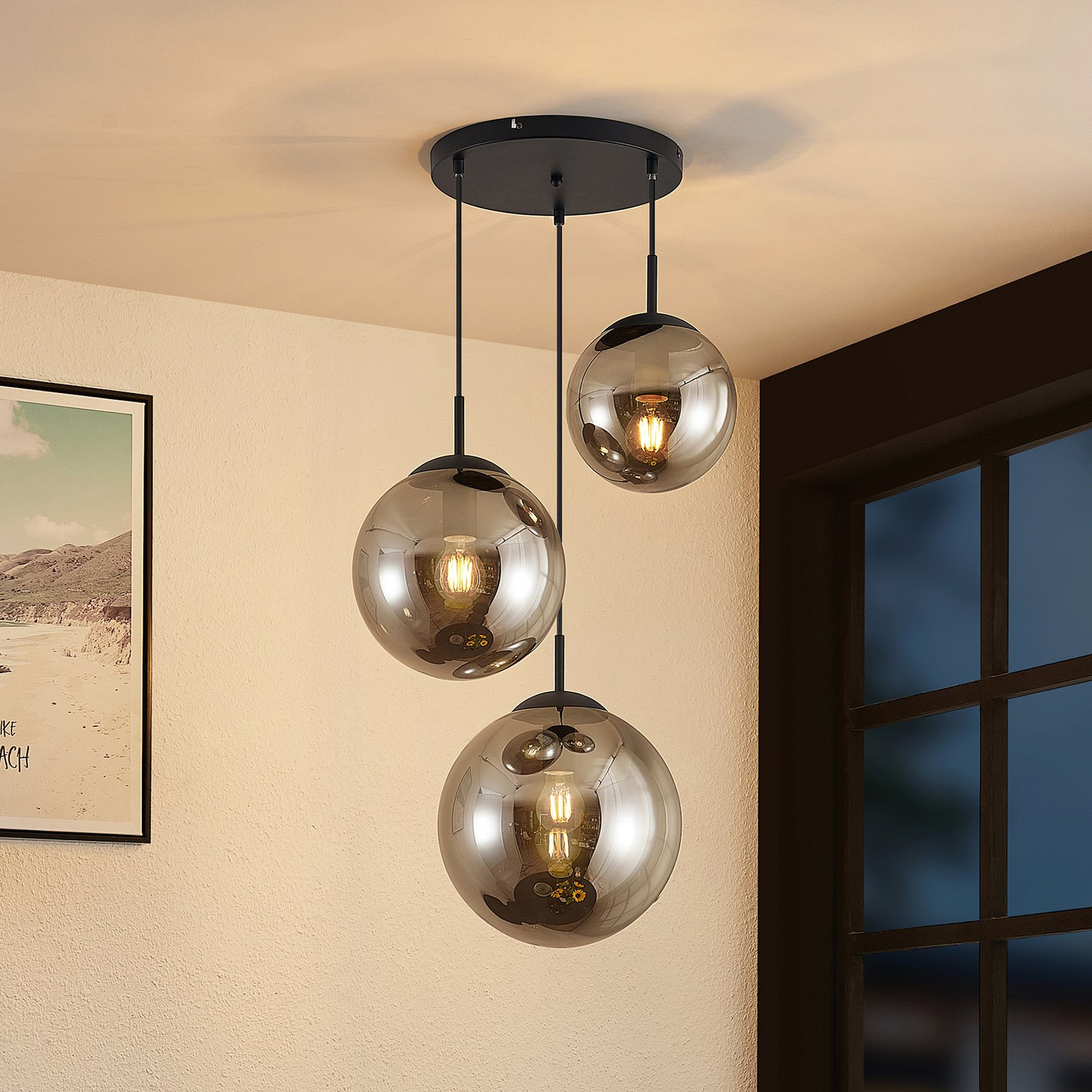 Lindby Teeja hanging light, 3 glass globes, grey