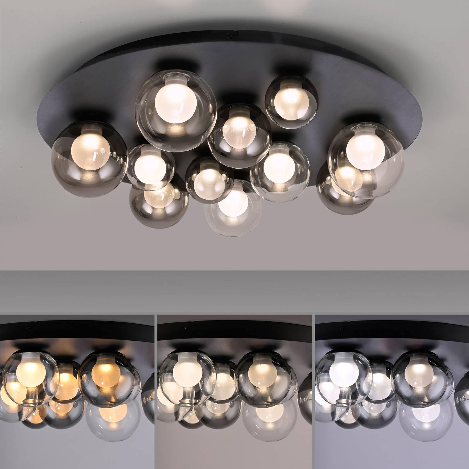 Lampa sufitowa PURE LED Popup, szara/dymna, Ø 60 cm, 11-punktowa.