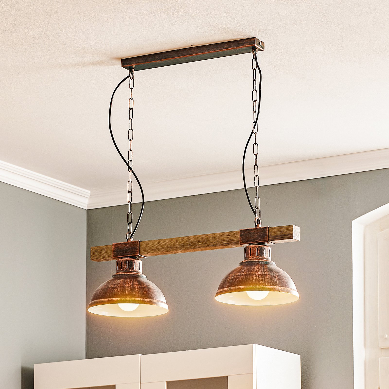 Hakon hängande lampa med två lampor rostbrun/naturträ